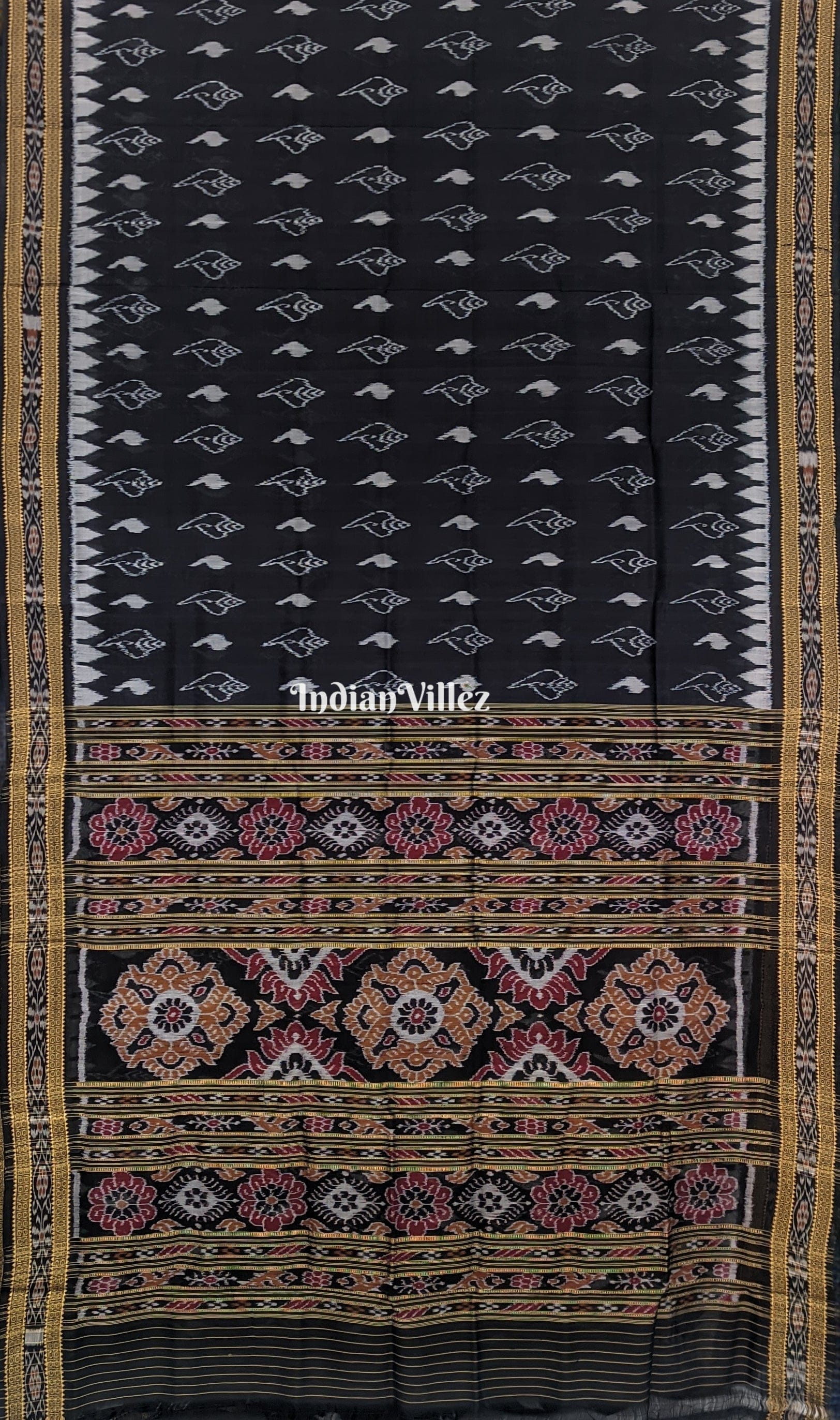 Black With White Shankha Design Khandua Silk Saree