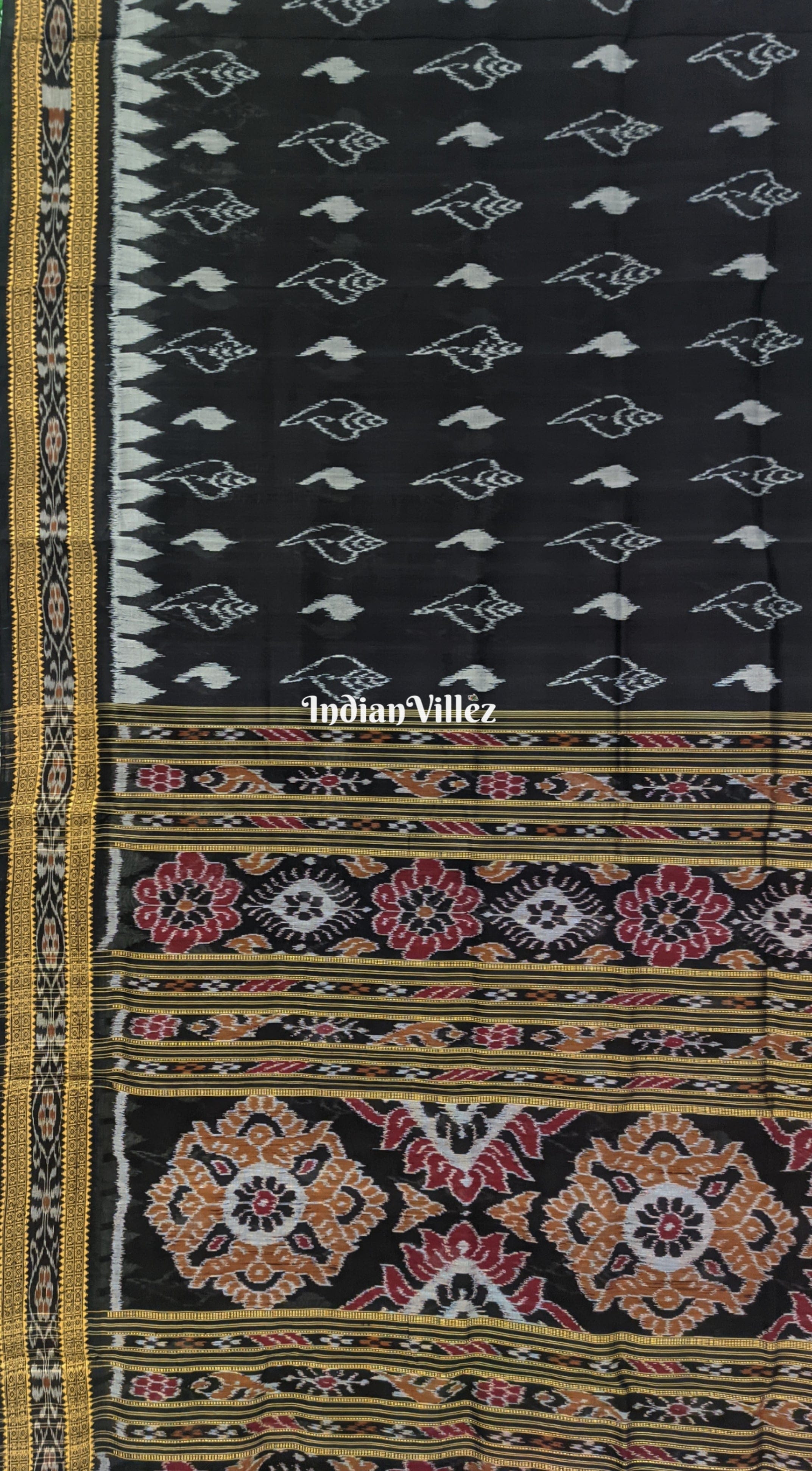 Black With White Shankha Design Khandua Silk Saree