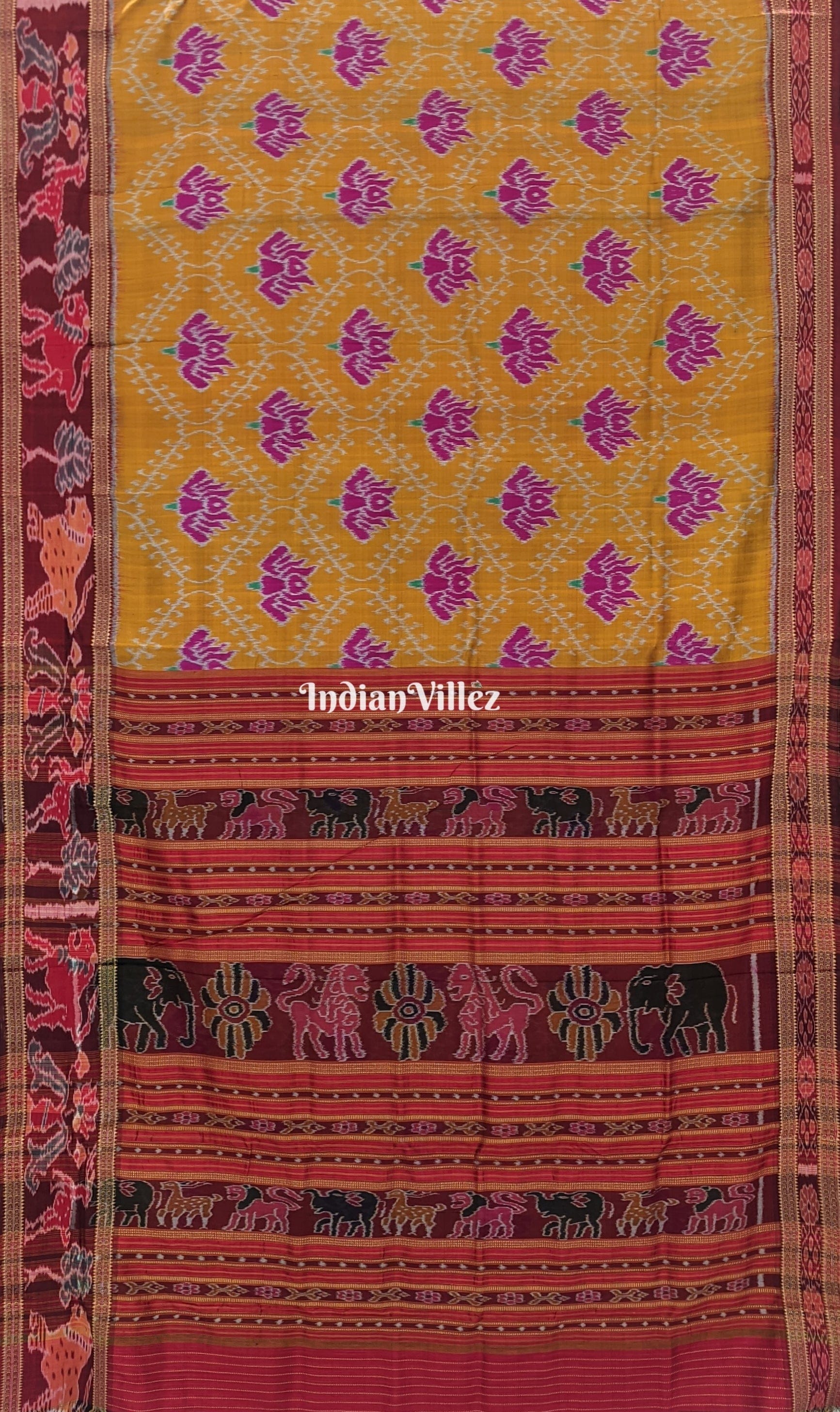 Yellow Lotus Design with Animal Border Khandua Silk Saree
