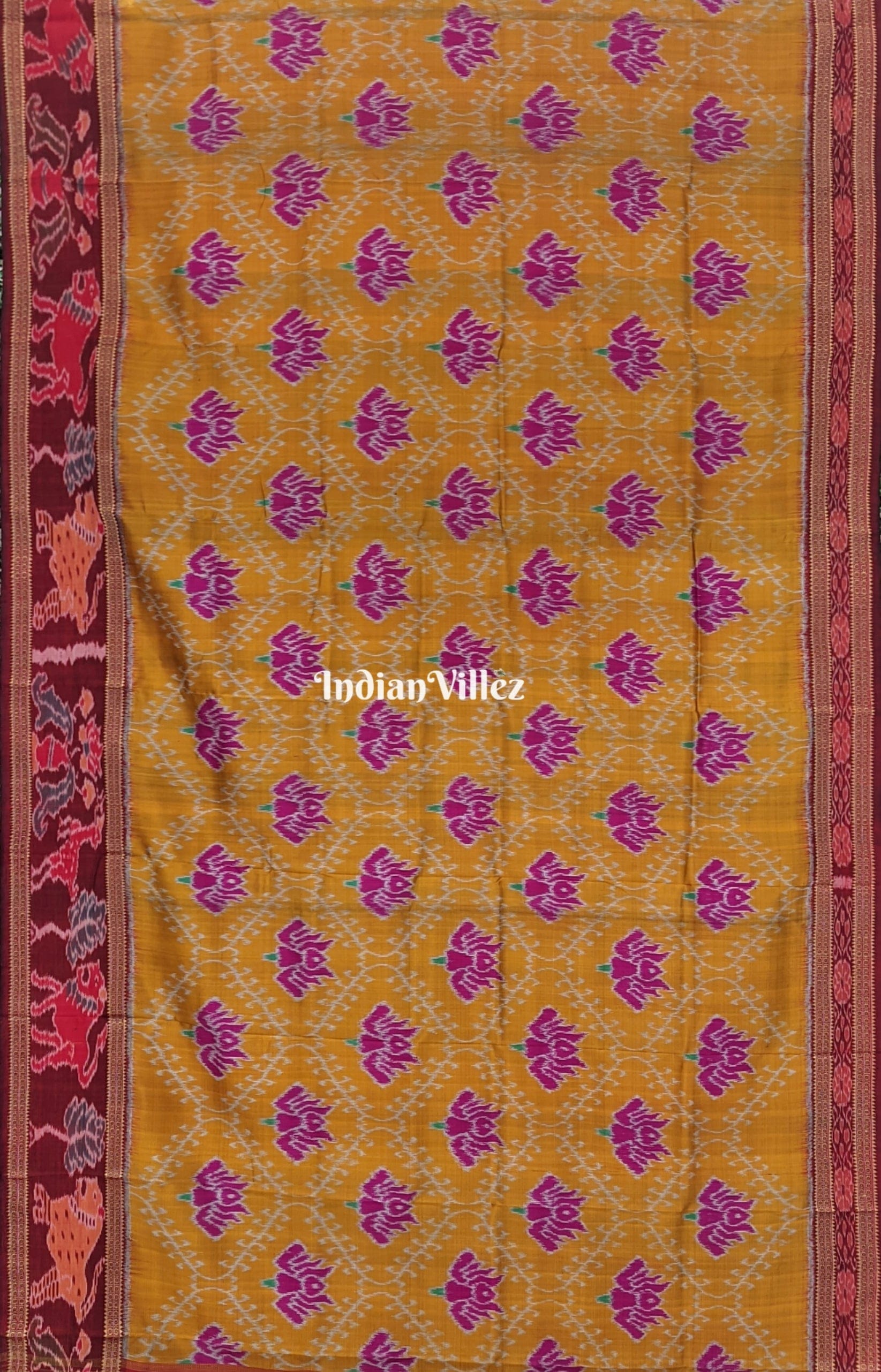 Yellow Lotus Design with Animal Border Khandua Silk Saree