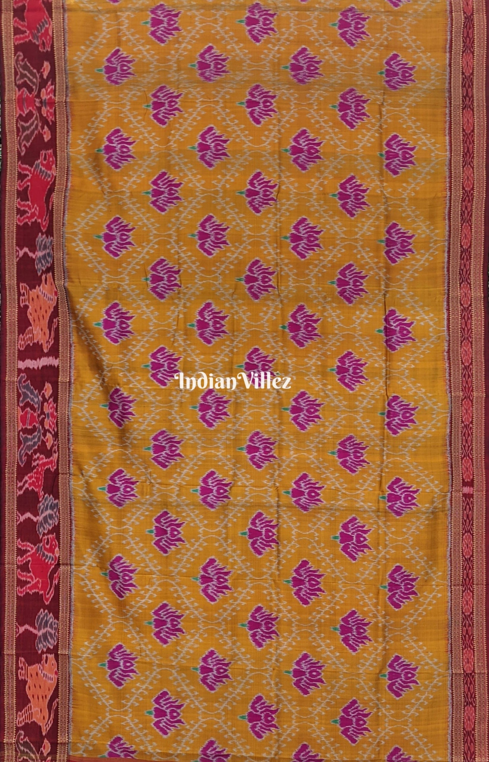 Yellow Lotus Design with Animal Border Khandua Silk Saree