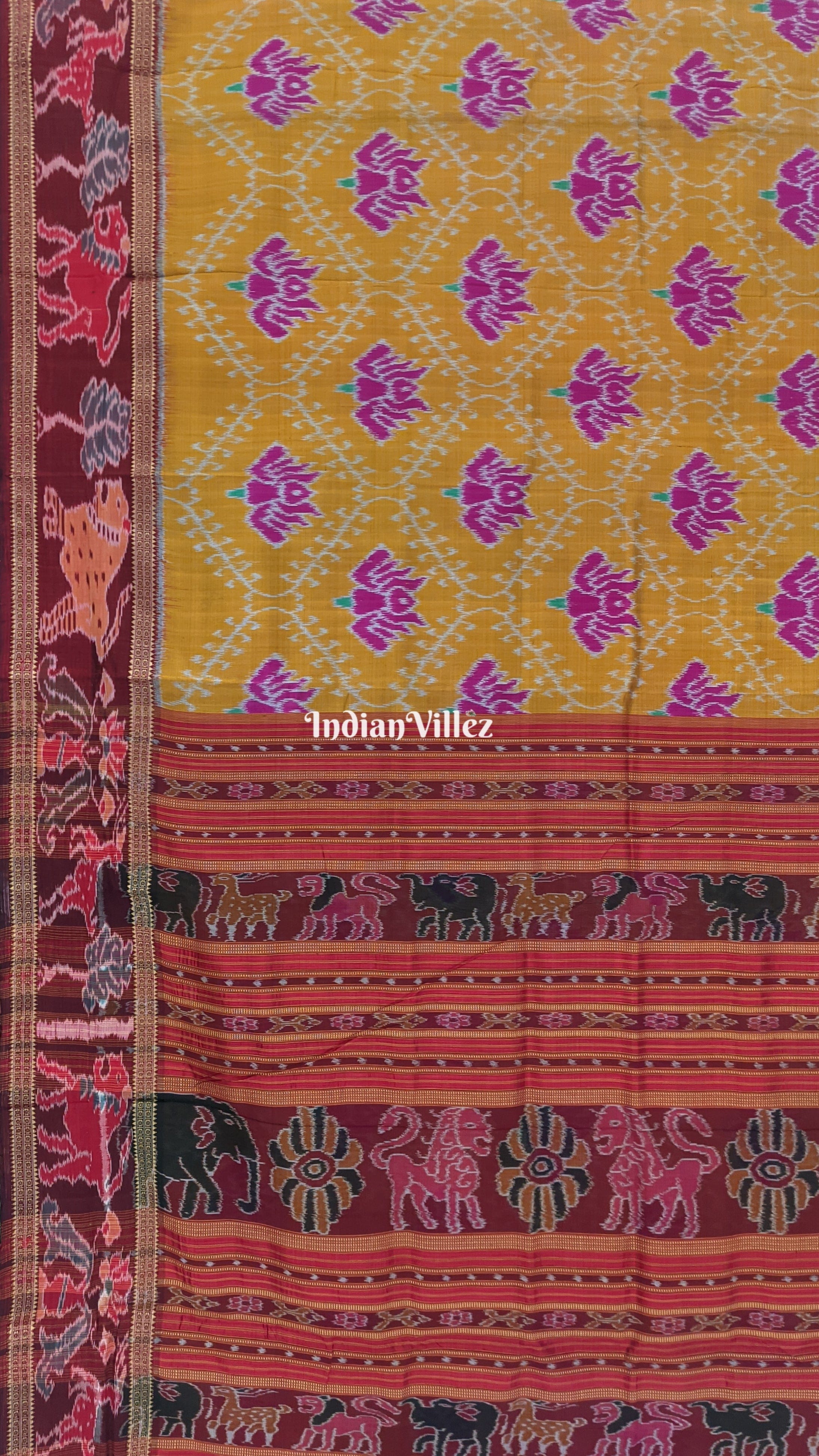 Yellow Lotus Design with Animal Border Khandua Silk Saree