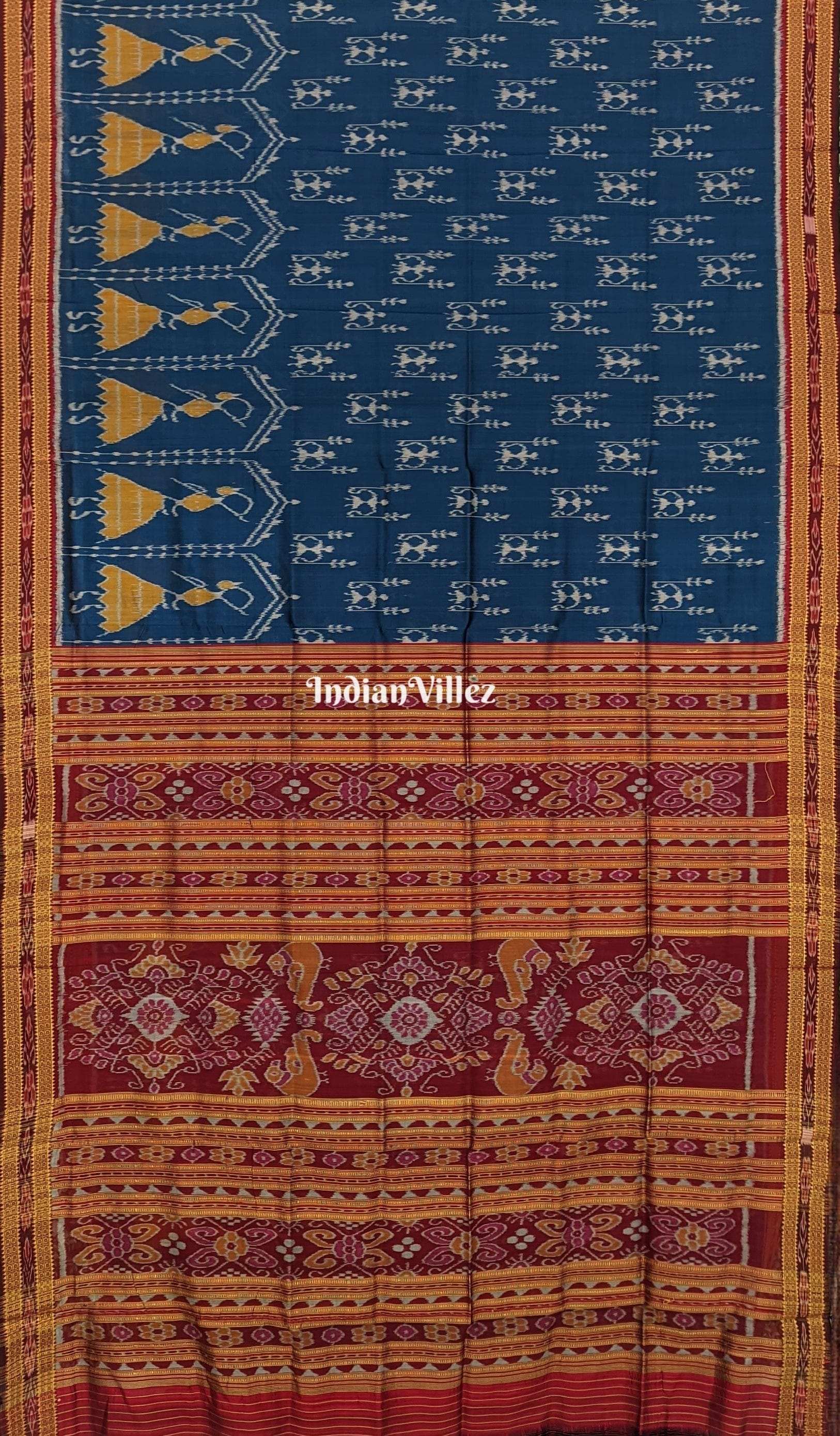Peacock Blue Tribal Theme Odisha Handloom Khandua Silk Saree