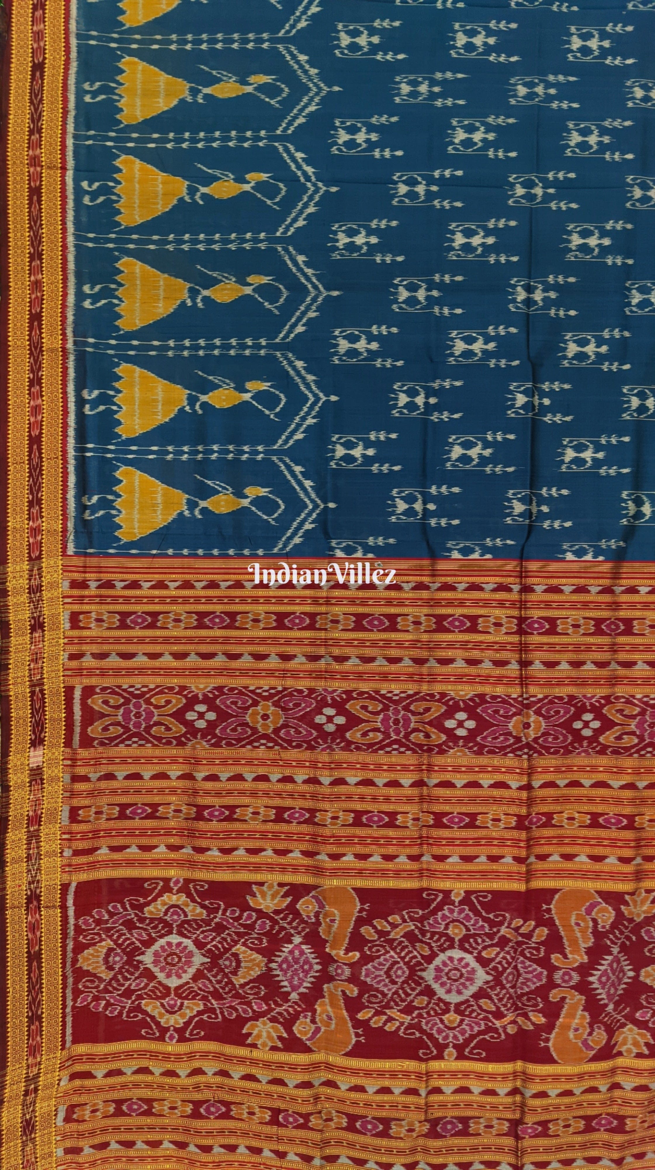 Peacock Blue Tribal Theme Odisha Handloom Khandua Silk Saree