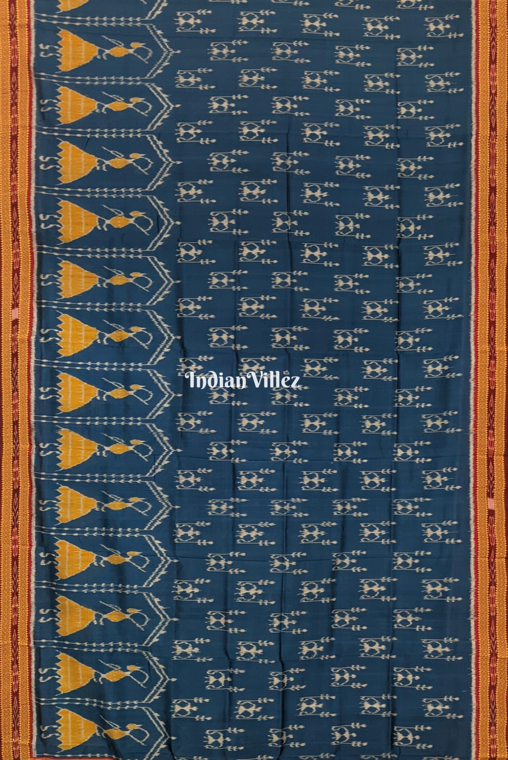 Peacock Blue Tribal Theme Odisha Handloom Khandua Silk Saree