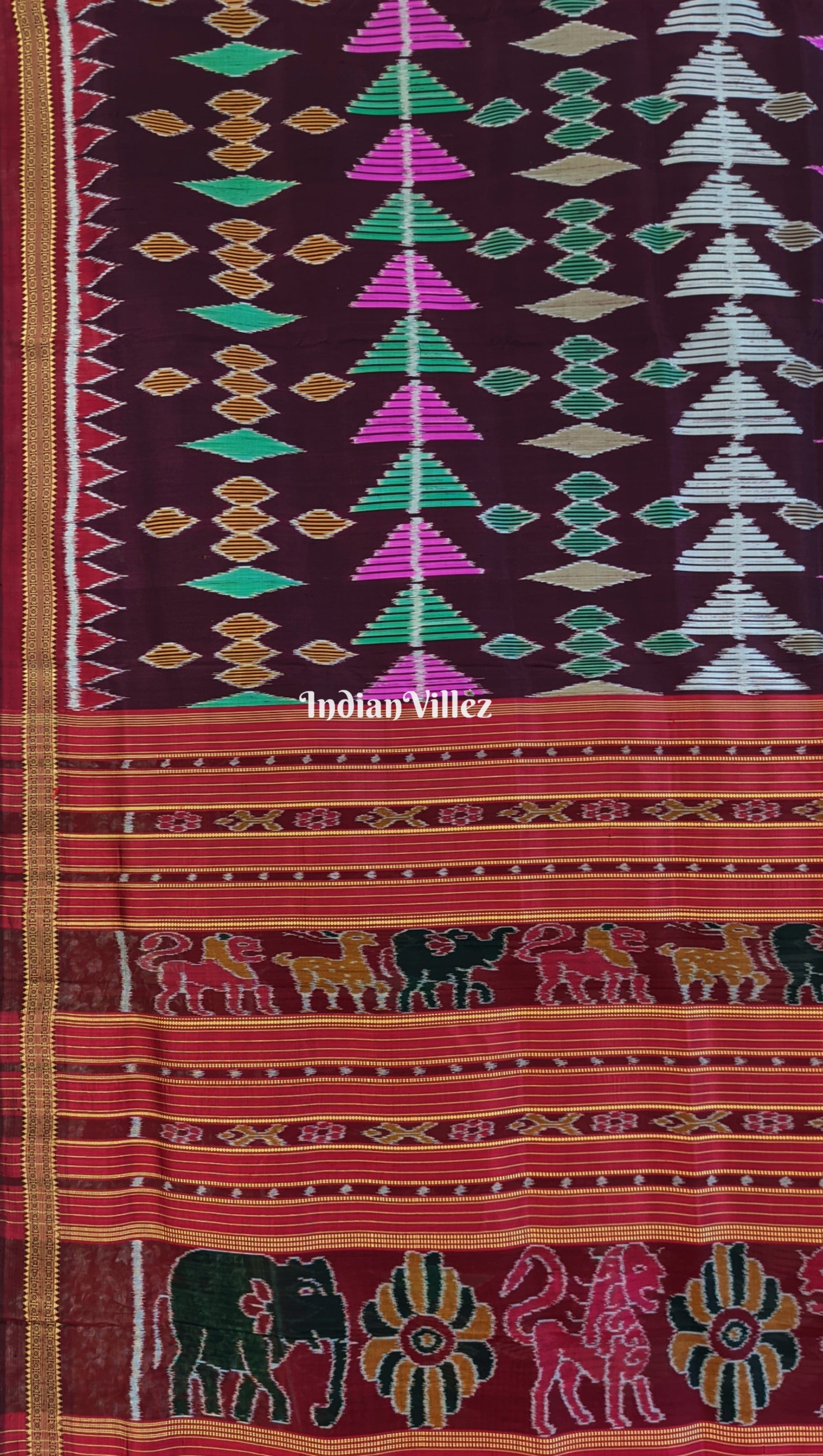 Dark Wine Multicolored Geometric Ikat Khandua Silk Saree