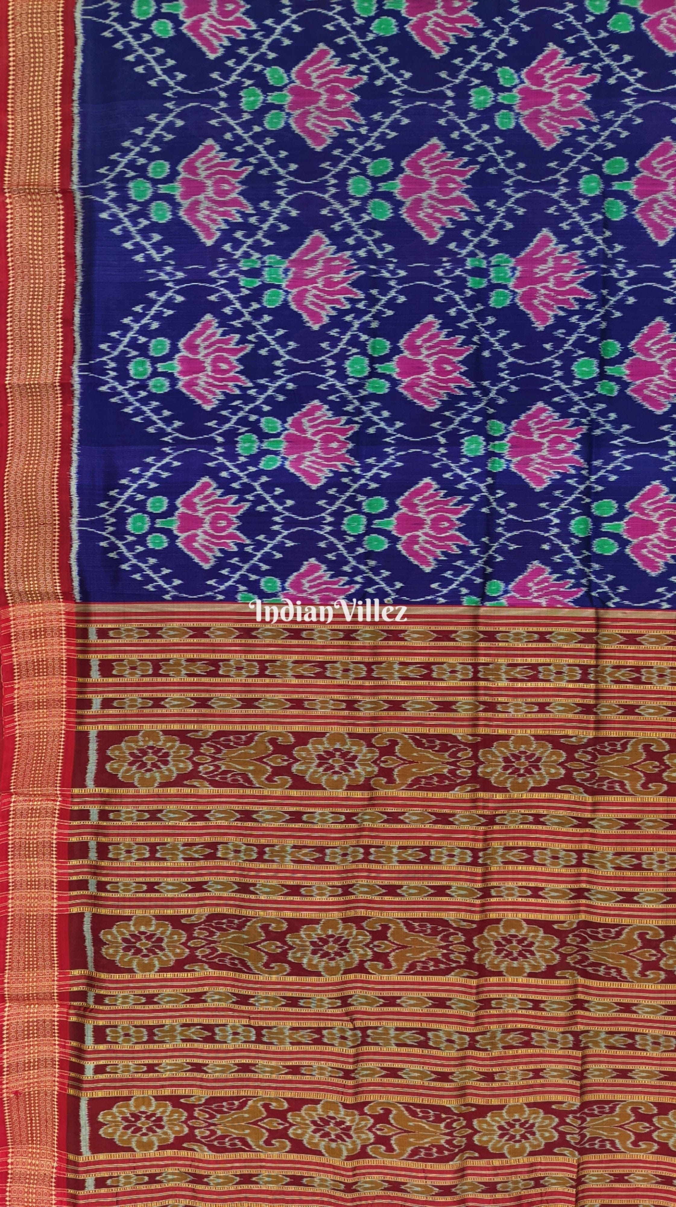 Blue Lotus Theme Odisha Handloom Khandua Silk Saree