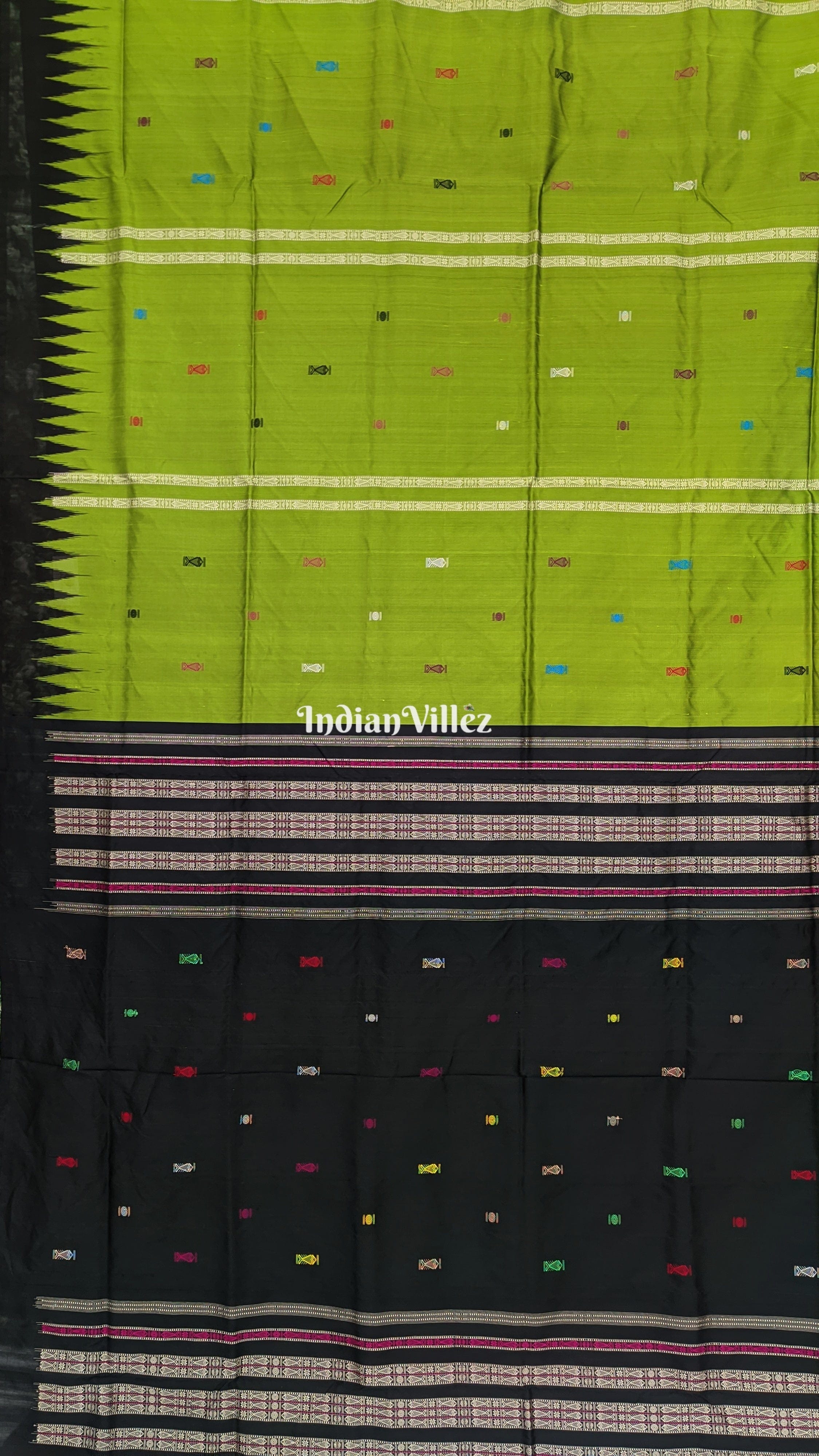 Parrot Green Habaspuri Inspired Fish Motif Sambalpuri Bomkai Silk Saree