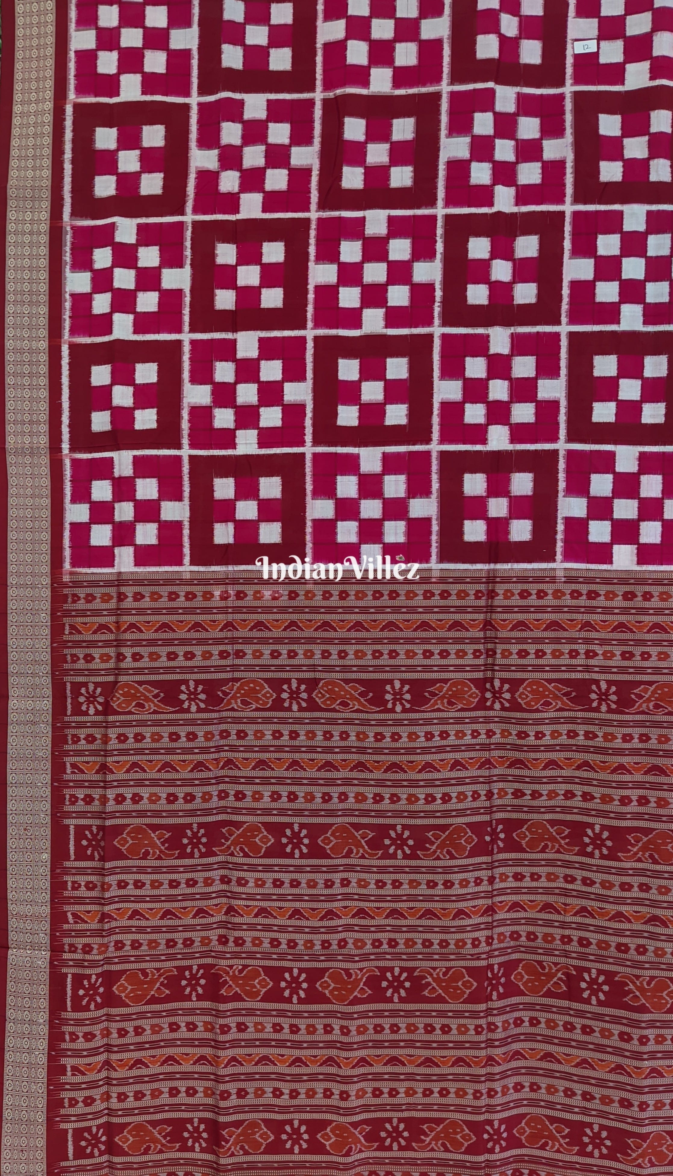 Maroon Pink Body Pasapali Sambalpuri Ikat Silk Saree