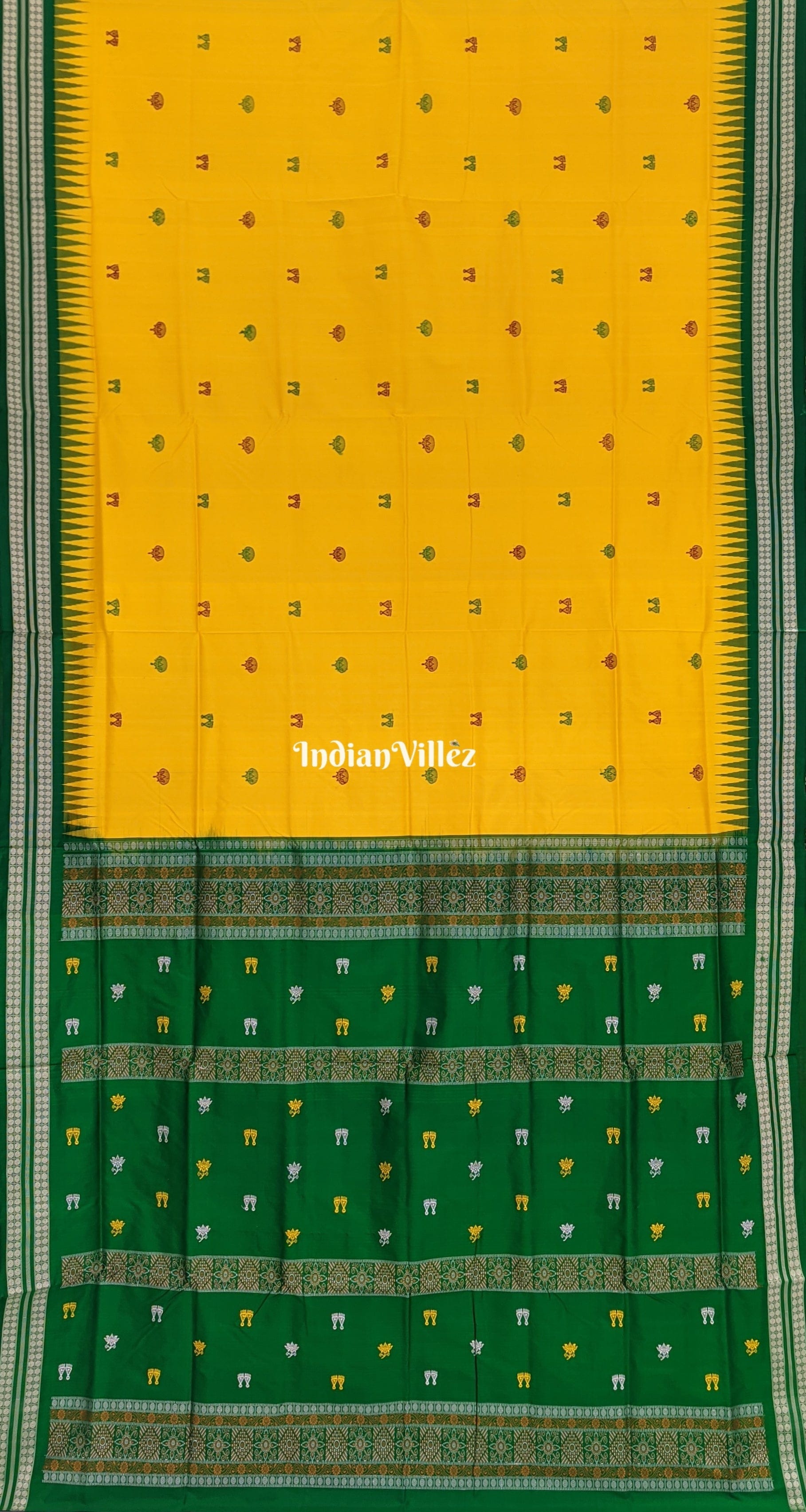 Yellow Laxmi Pada and Lotus Theme Bomkai Silk Saree