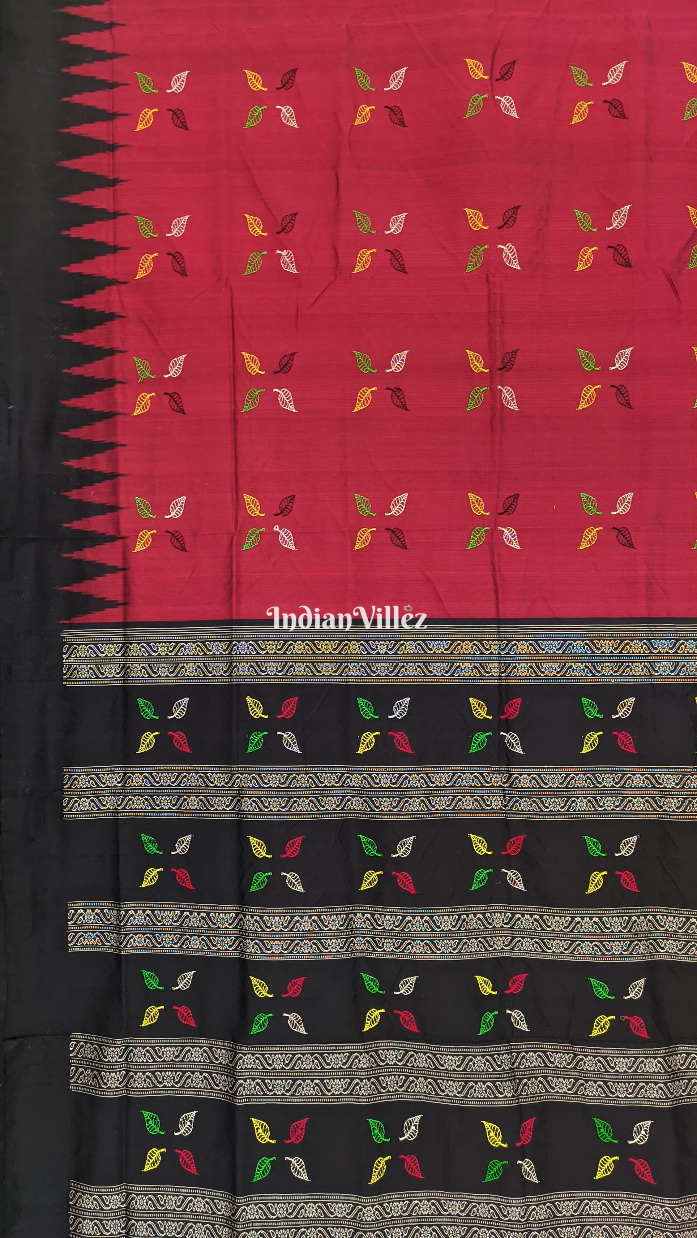 Maroon Leaf Design Odisha Handloom Bomkai Silk Saree