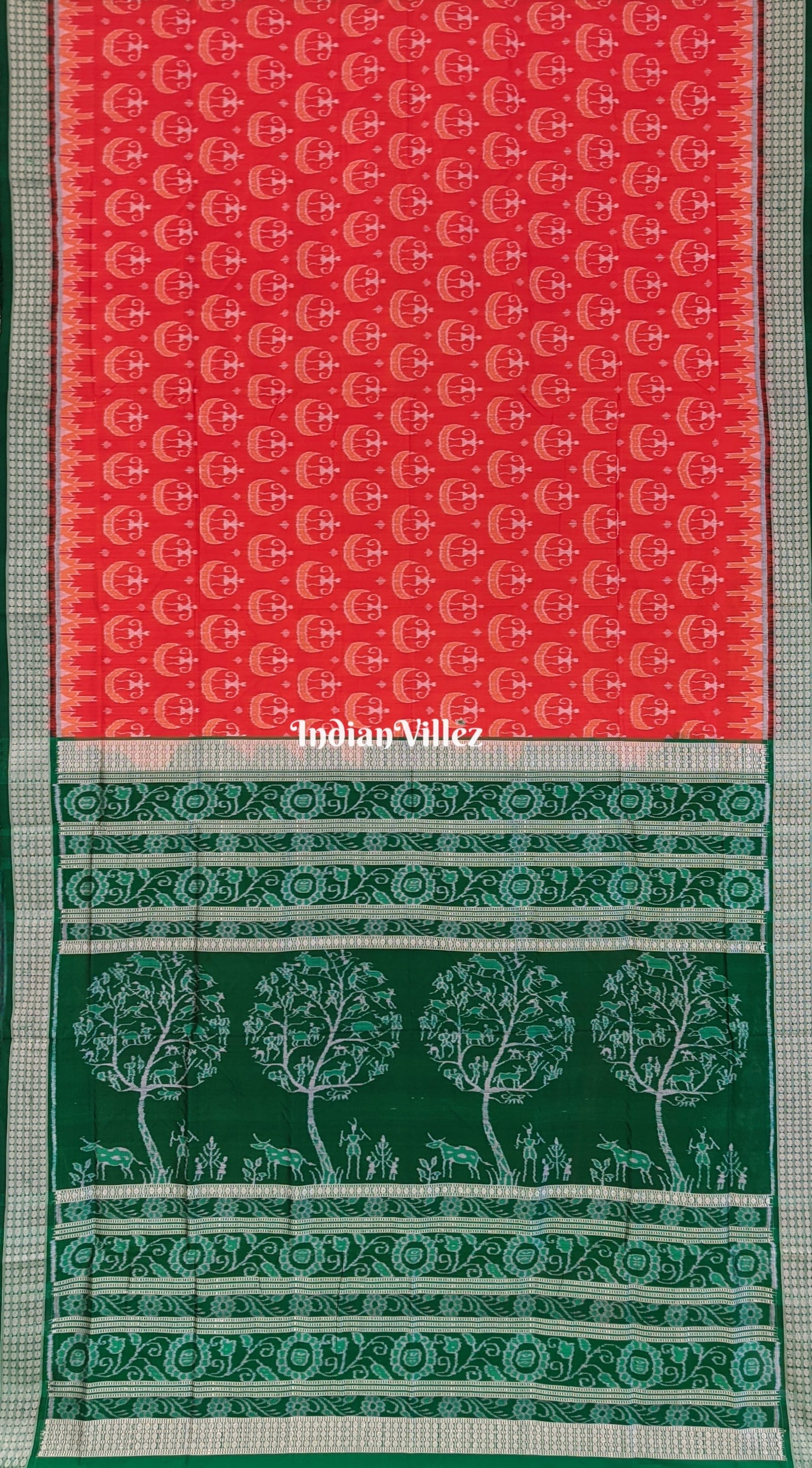 Orange Green Tribal Theme Sambalpuri Silk Saree