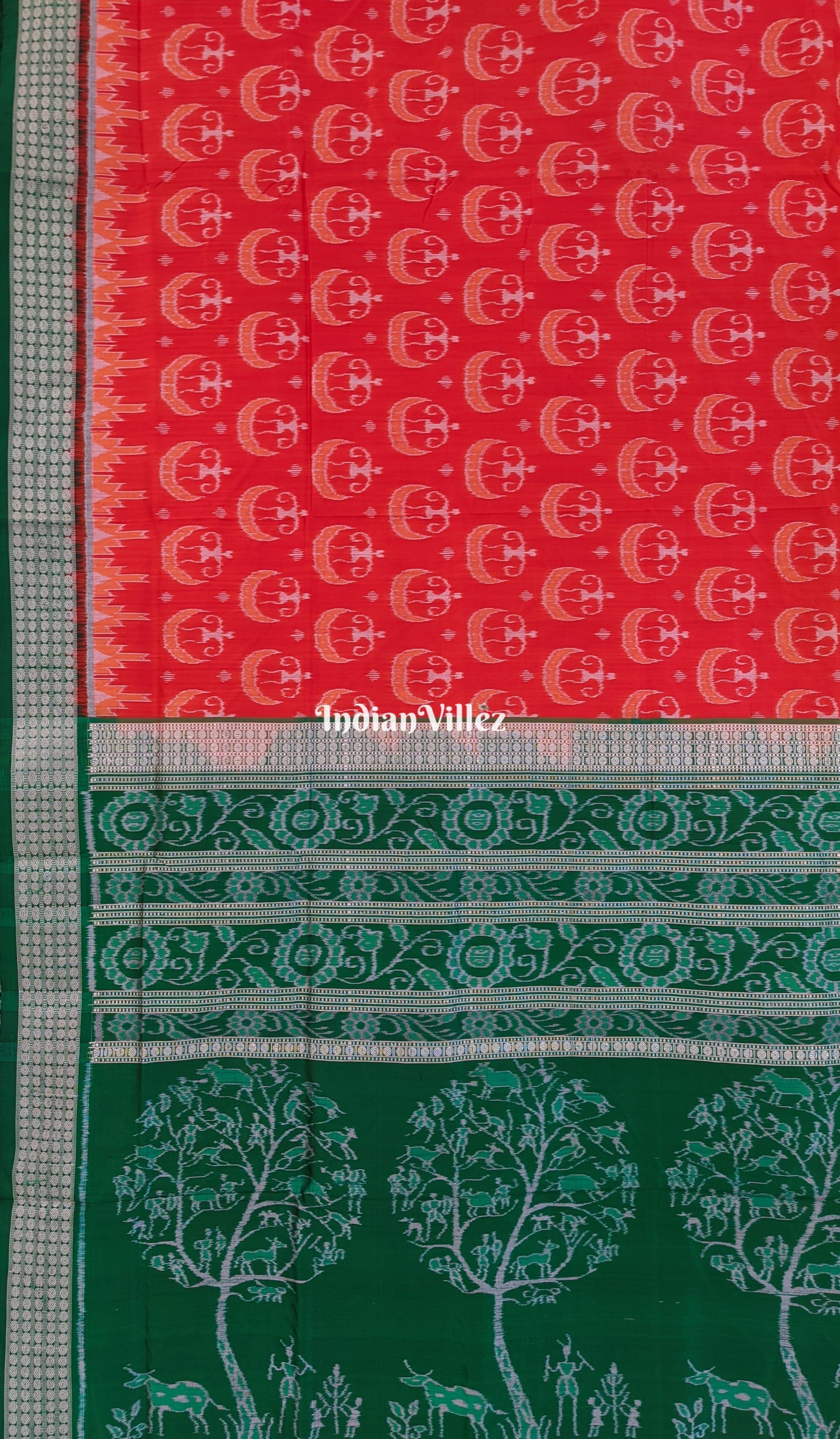 Orange Green Tribal Theme Sambalpuri Silk Saree