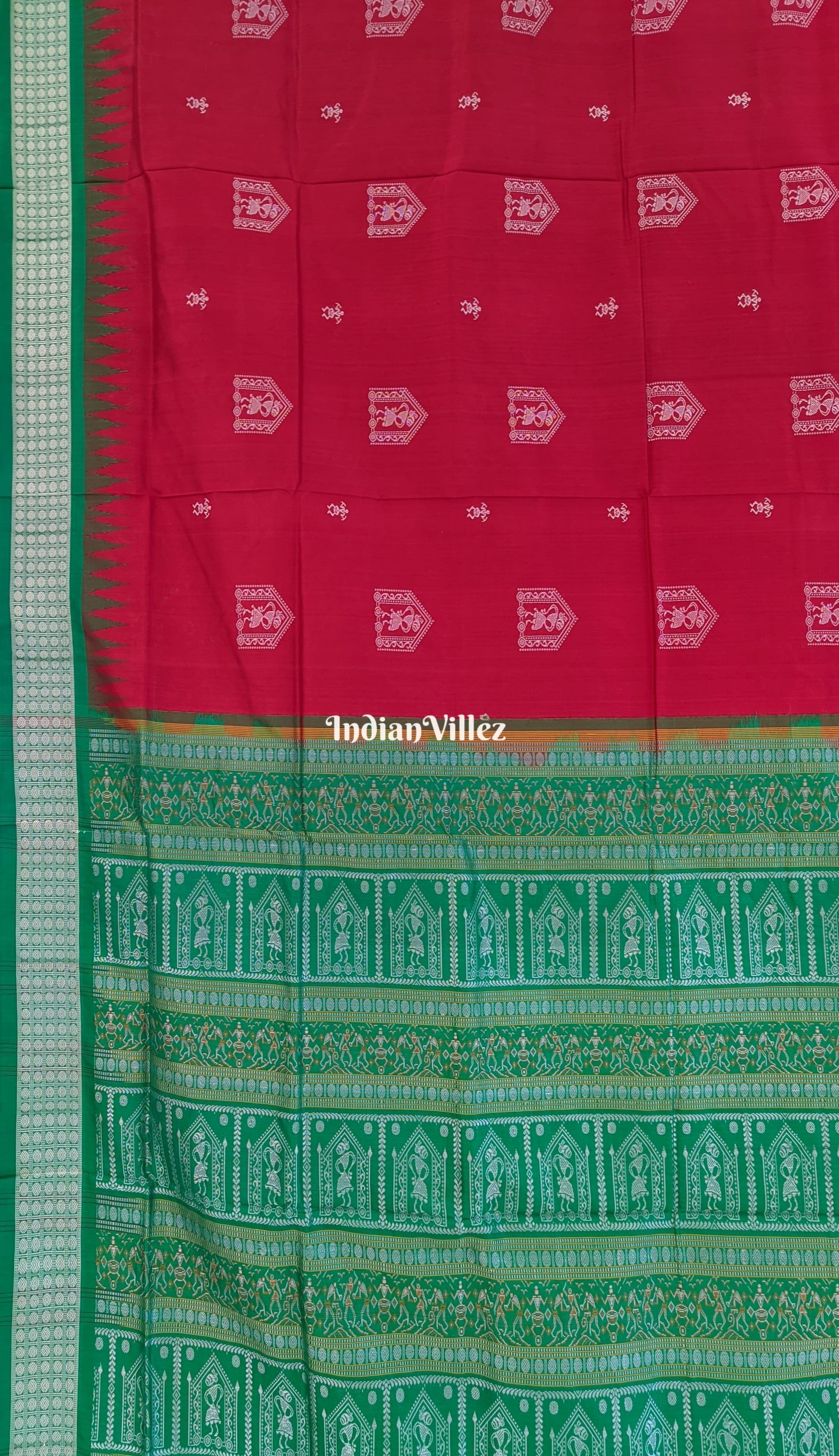 Maroon Green Tribal House Theme Bomkai Silk Saree