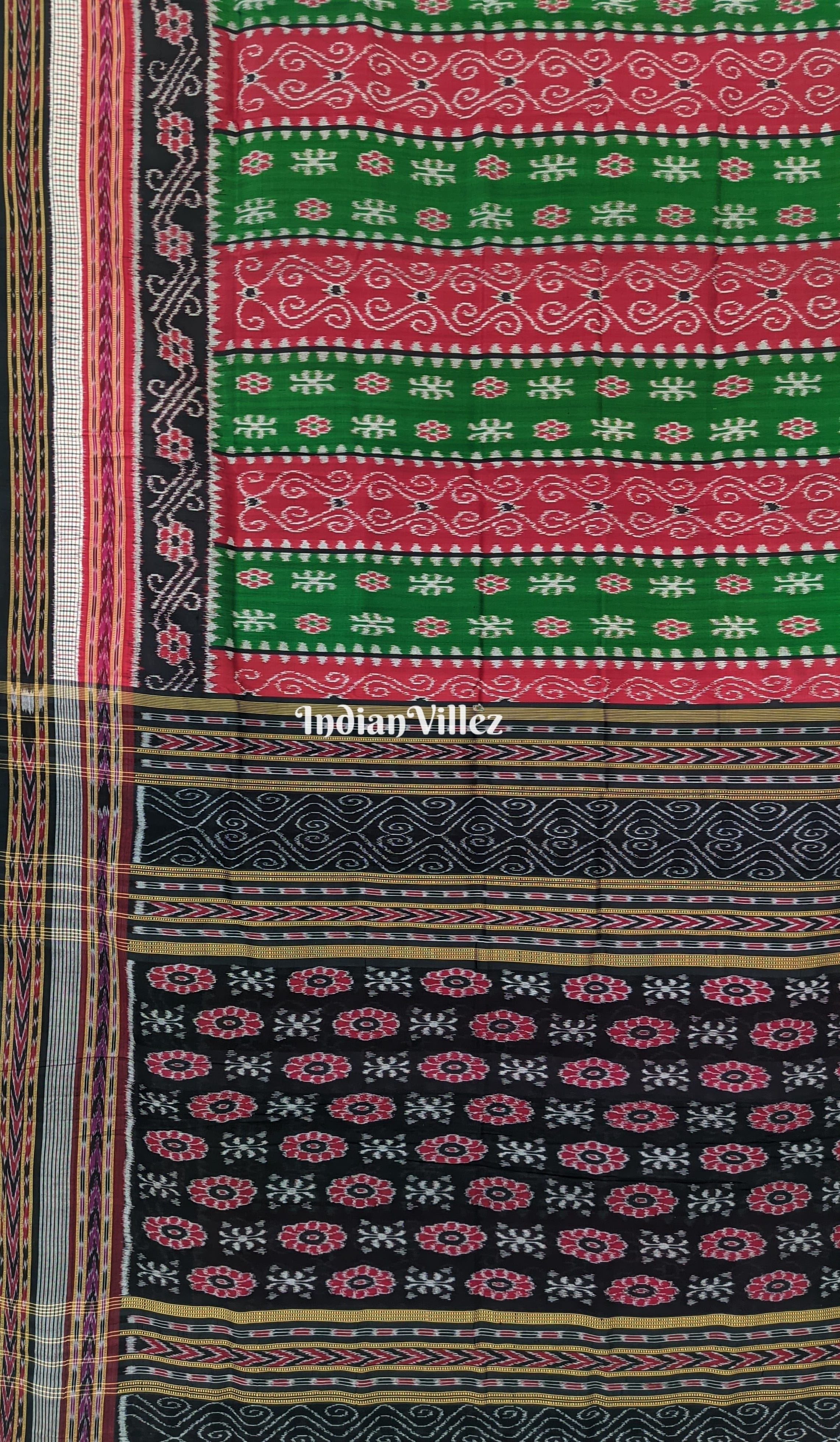 Green Red Flower with Sachipar Border Contemporary Odisha Ikat Silk Saree