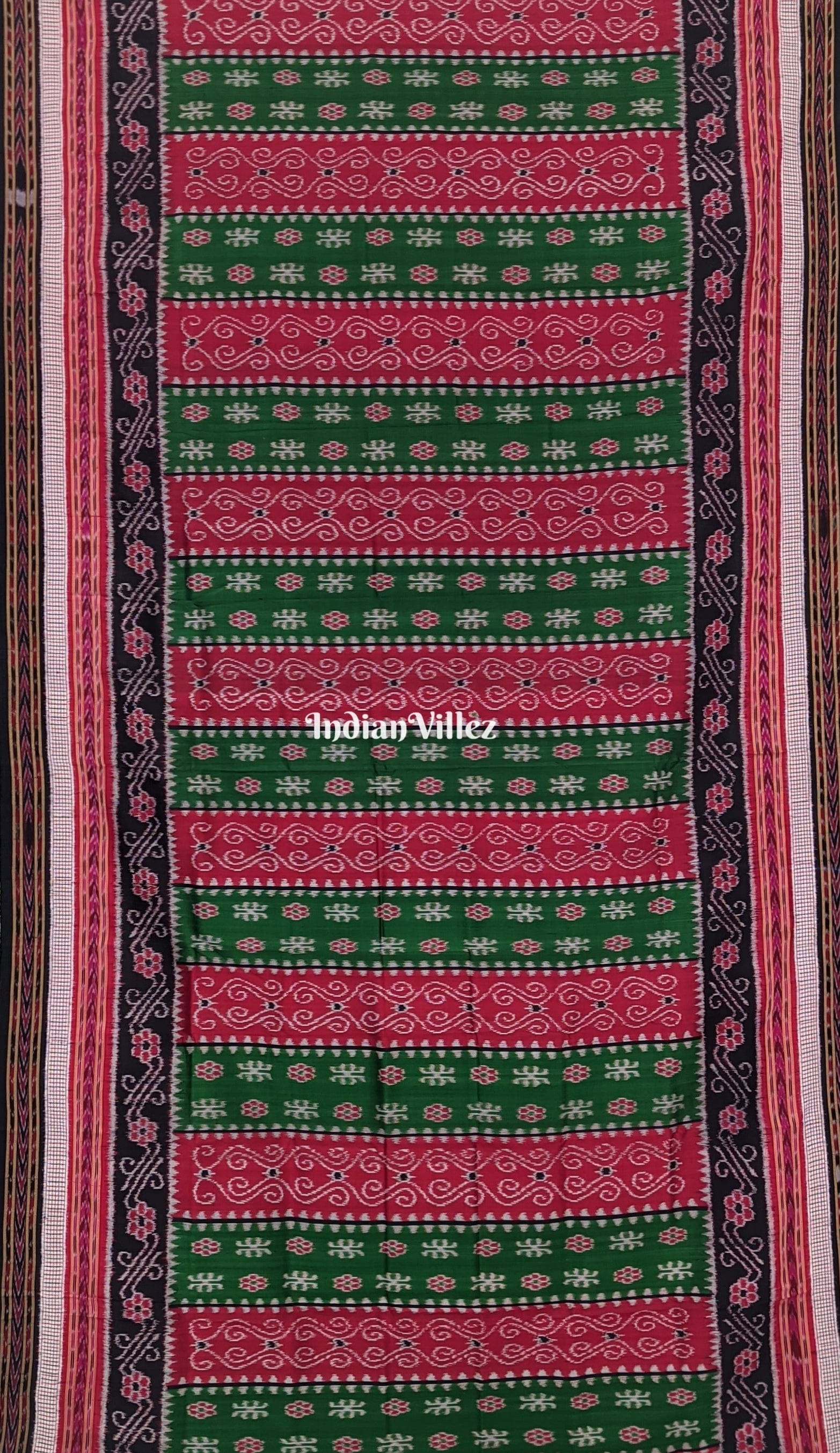 Green Red Flower with Sachipar Border Contemporary Odisha Ikat Silk Saree