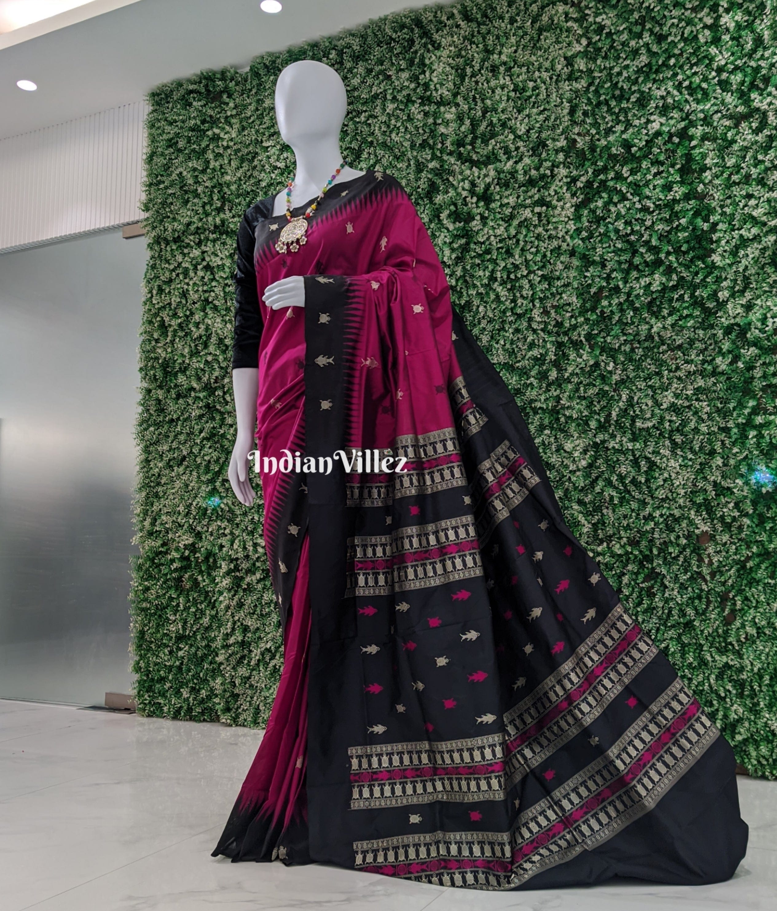 Burgundy Black Habaspuri Inspired Odisha Handloom Bomkai Silk Saree
