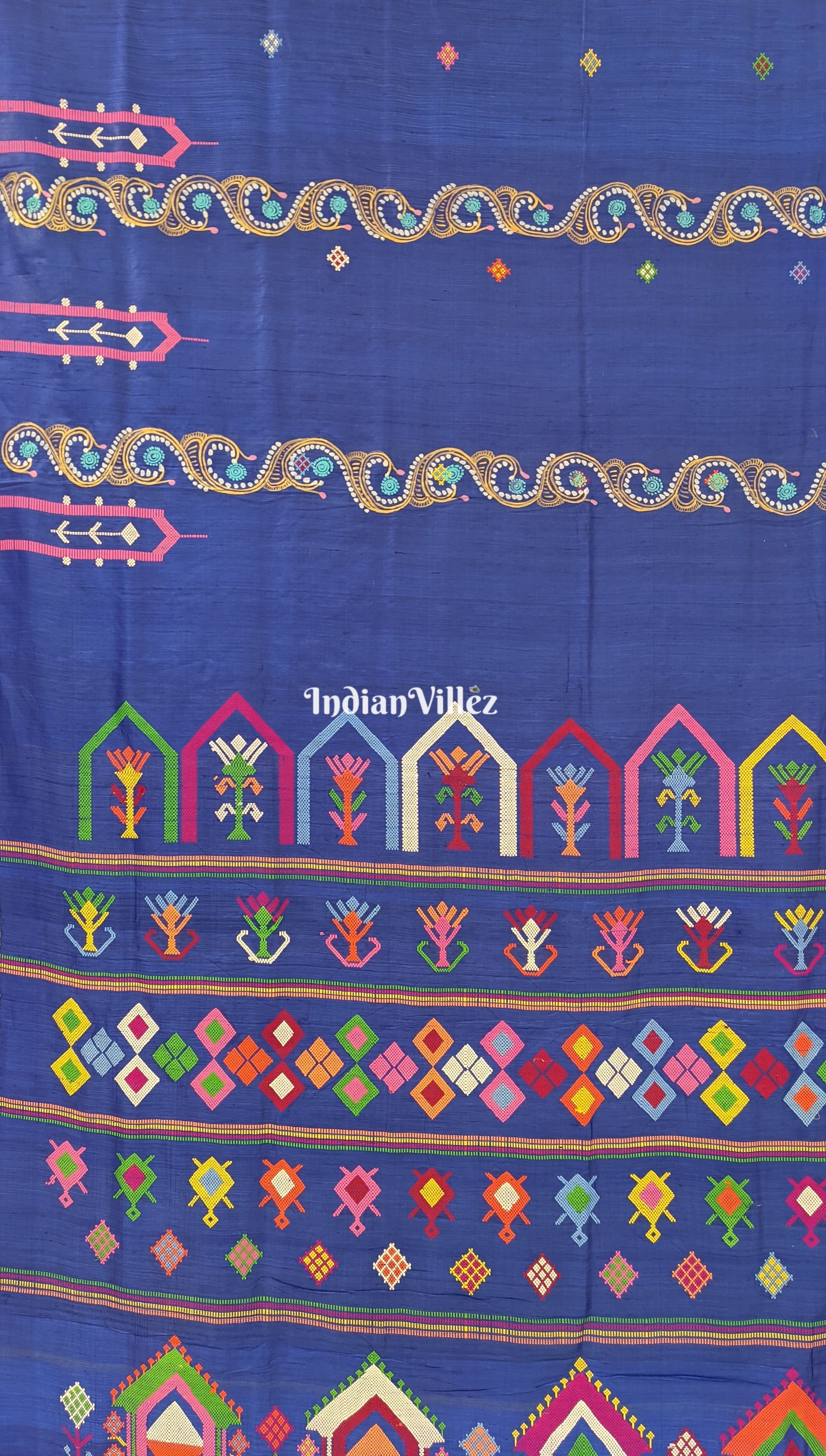 Bluish Dolabedi with Temple Border Odisha Ikat Tussar Silk Saree