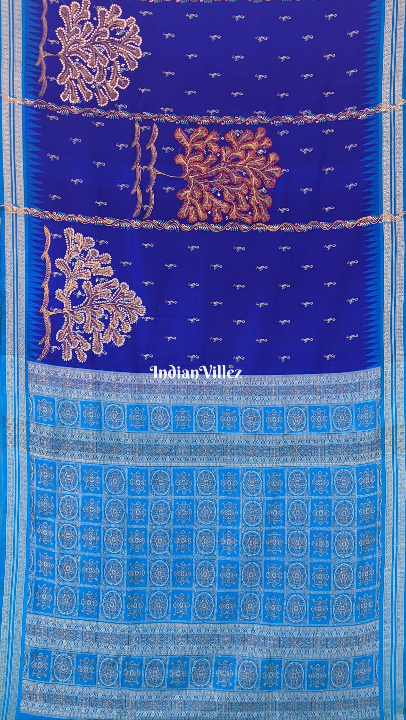 Flamingo Royal Blue Bomkai Silk Saree with Pattachitra Art ( USA_V )