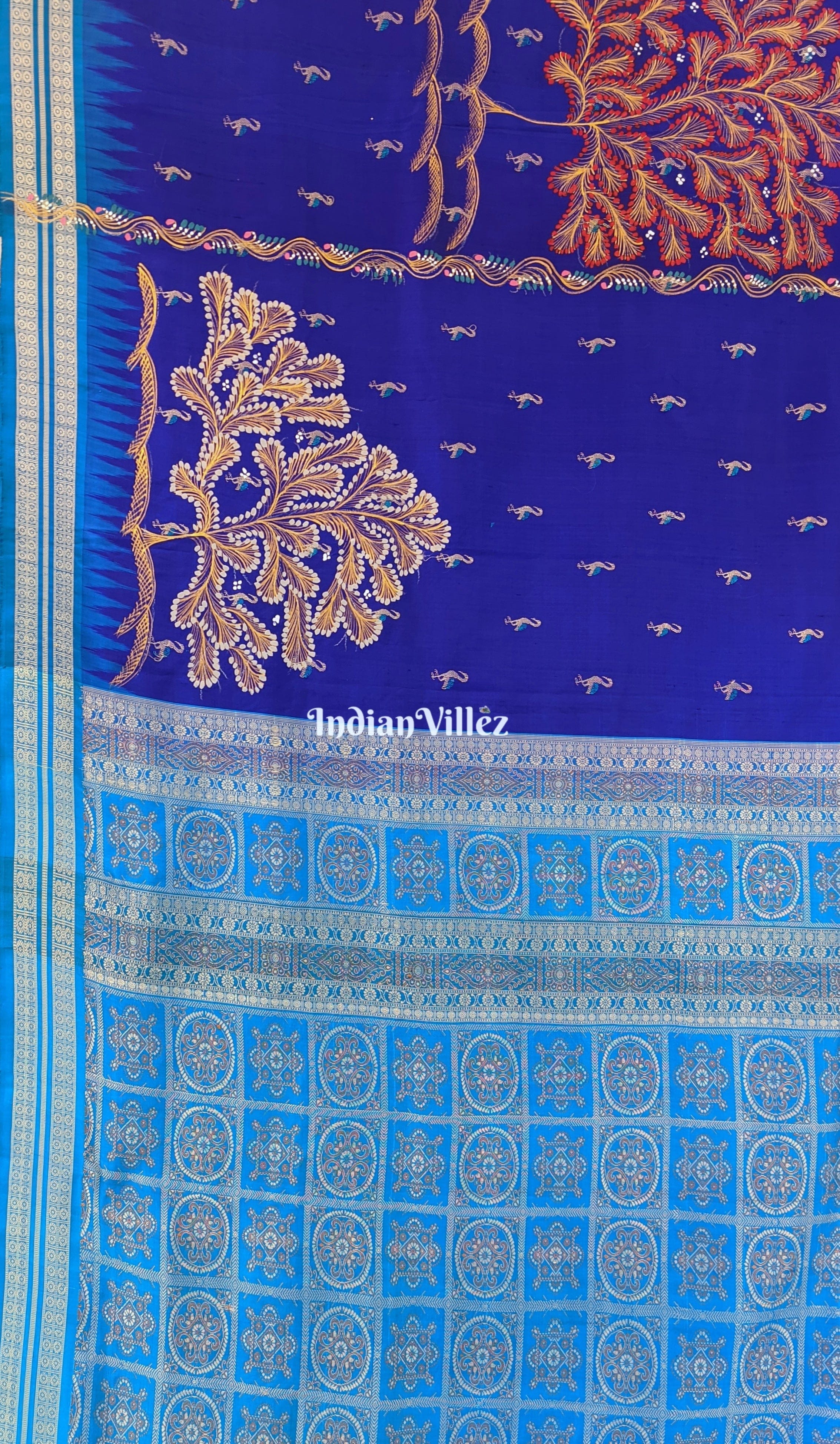 Flamingo Royal Blue Bomkai Silk Saree with Pattachitra Art ( USA_V )