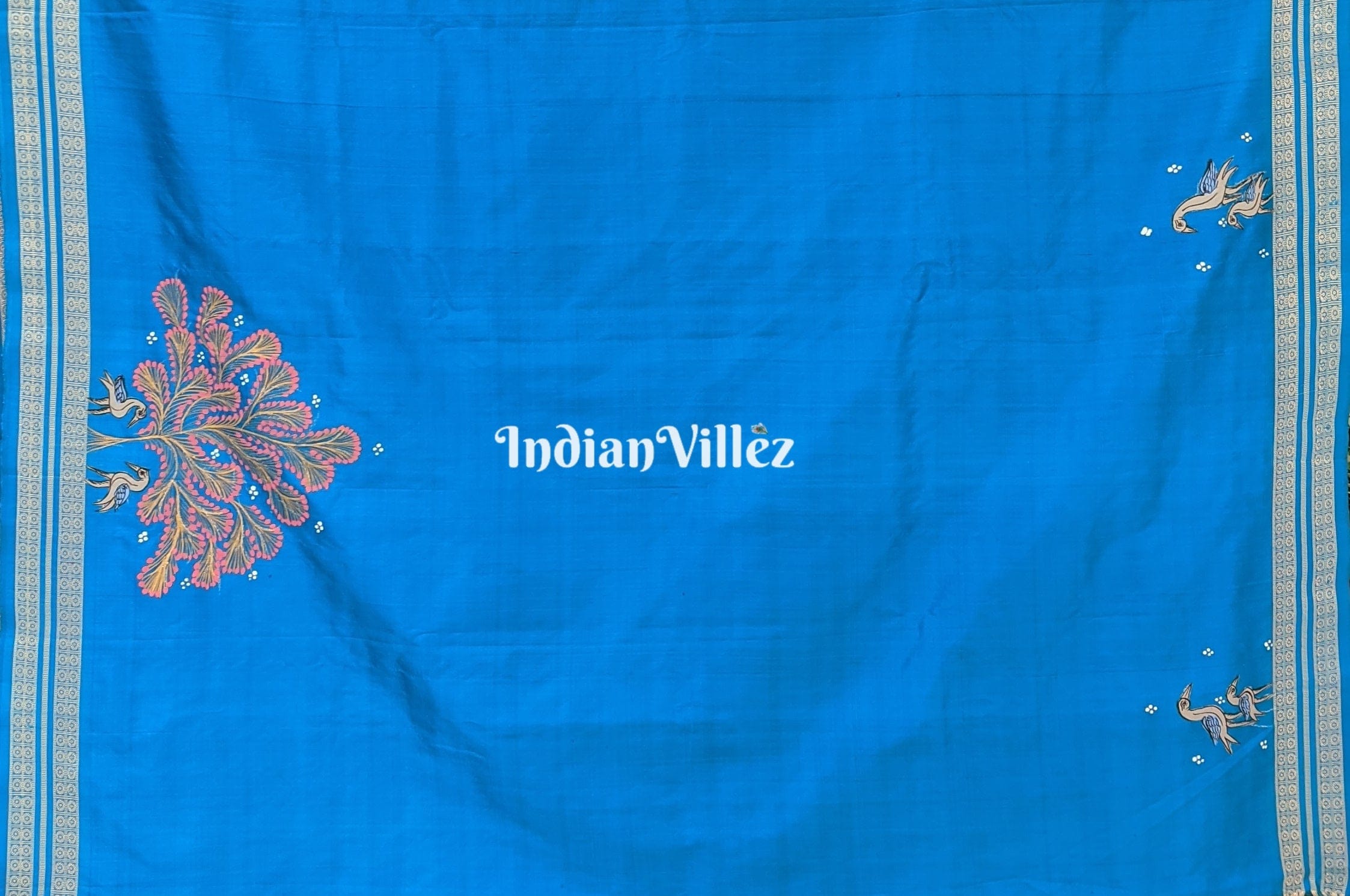 Flamingo Royal Blue Bomkai Silk Saree with Pattachitra Art ( USA_V )