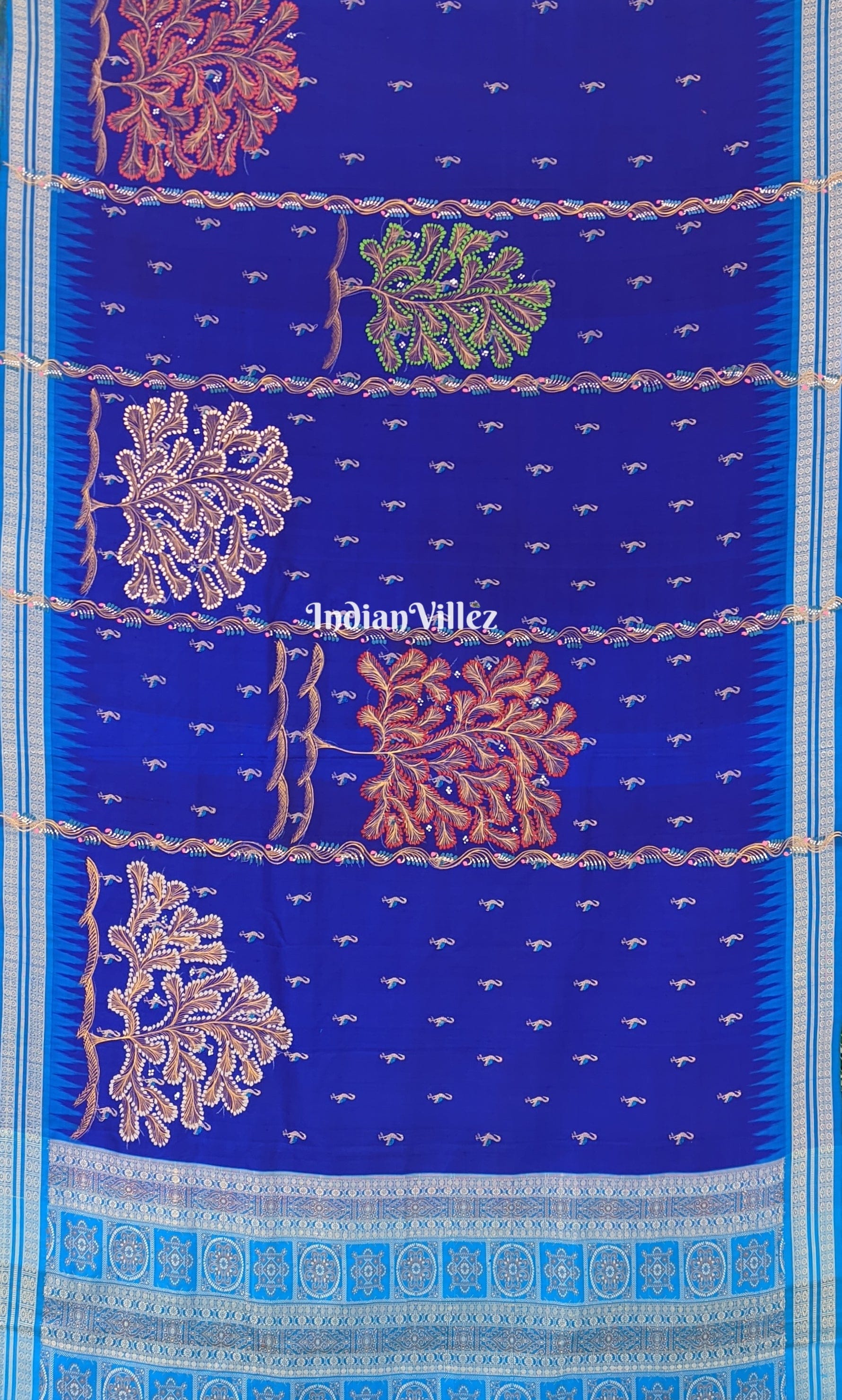 Flamingo Royal Blue Bomkai Silk Saree with Pattachitra Art ( USA_V )