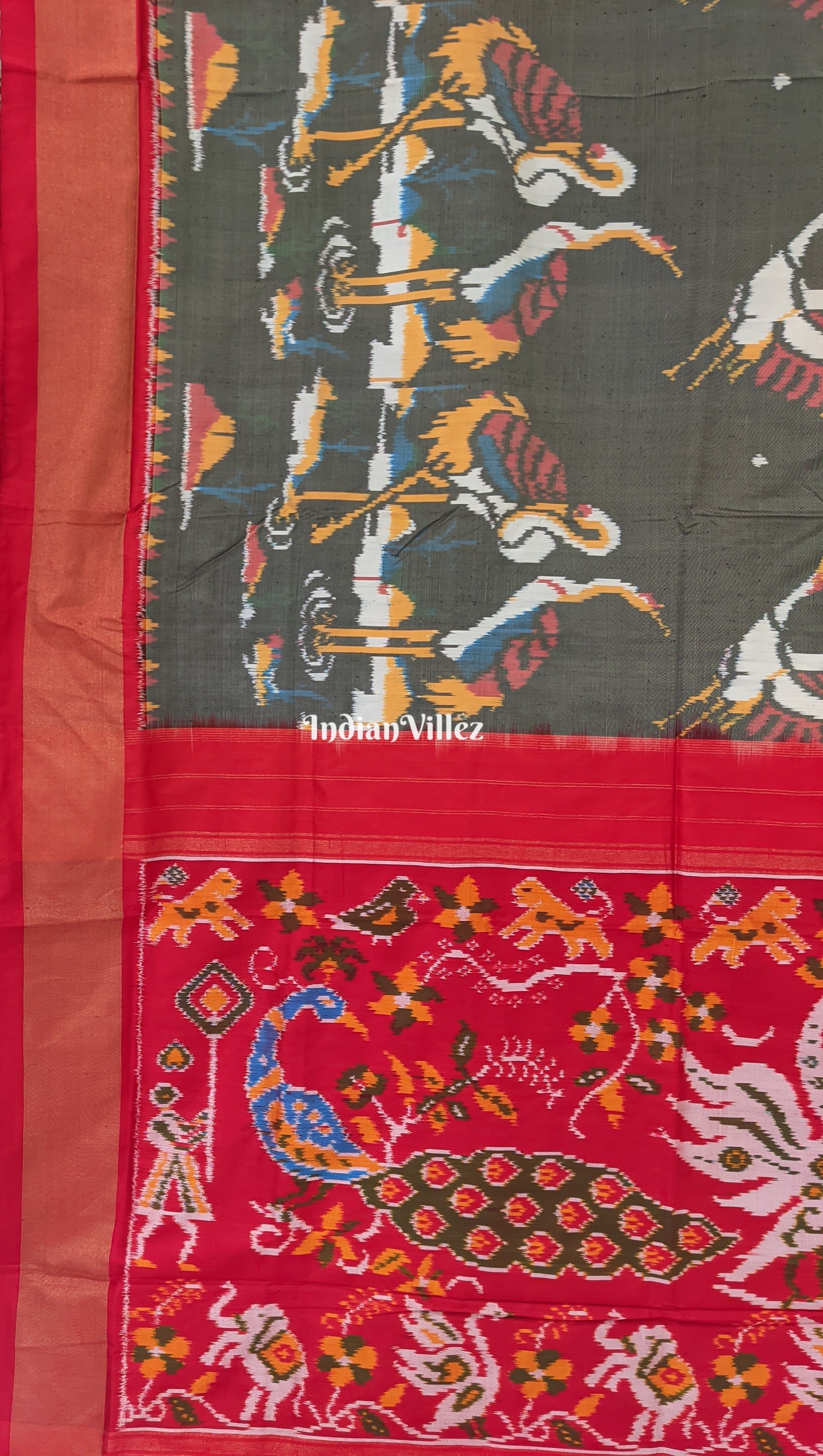 Gray Crane Theme Silk Handloom Pochampally Ikat Saree