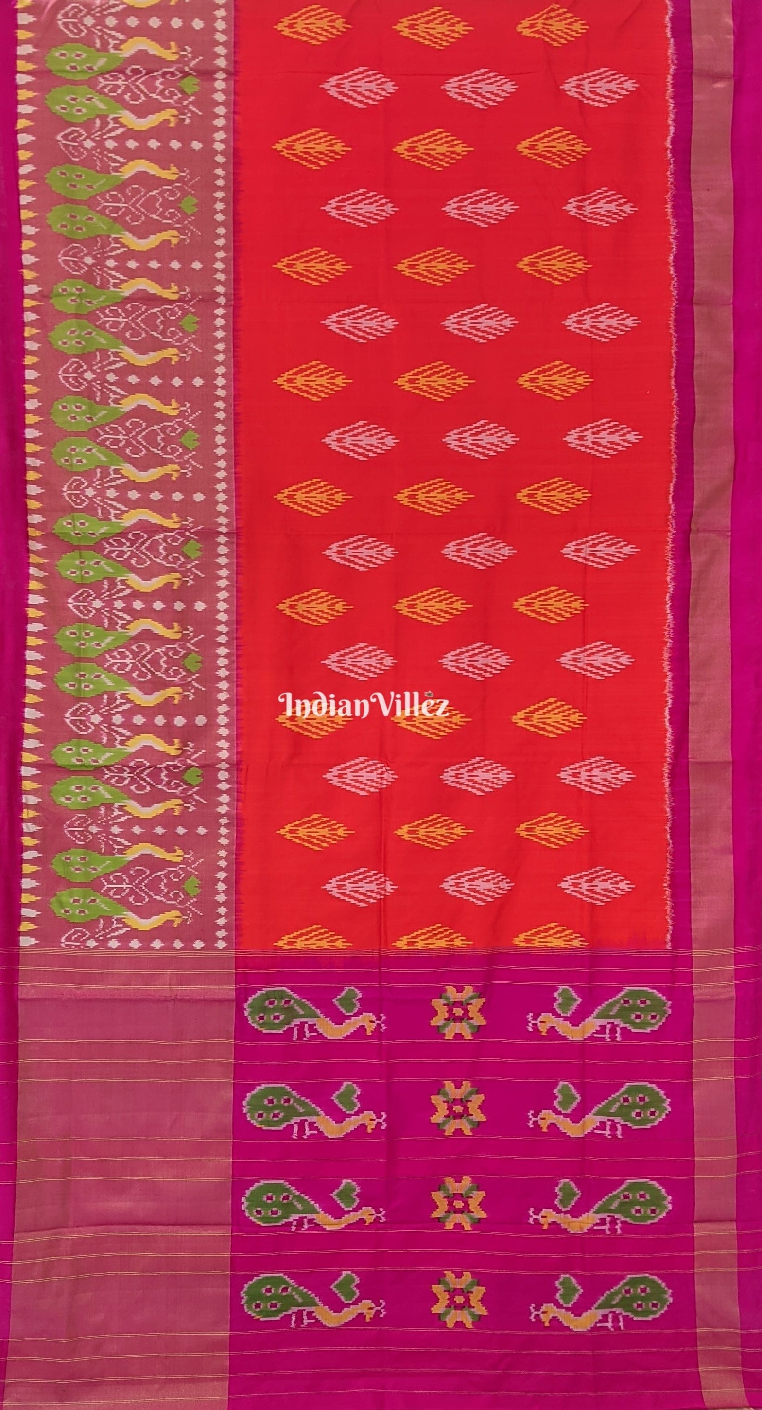 Orange with Rani Pink Pochampally Ikat Silk Saree