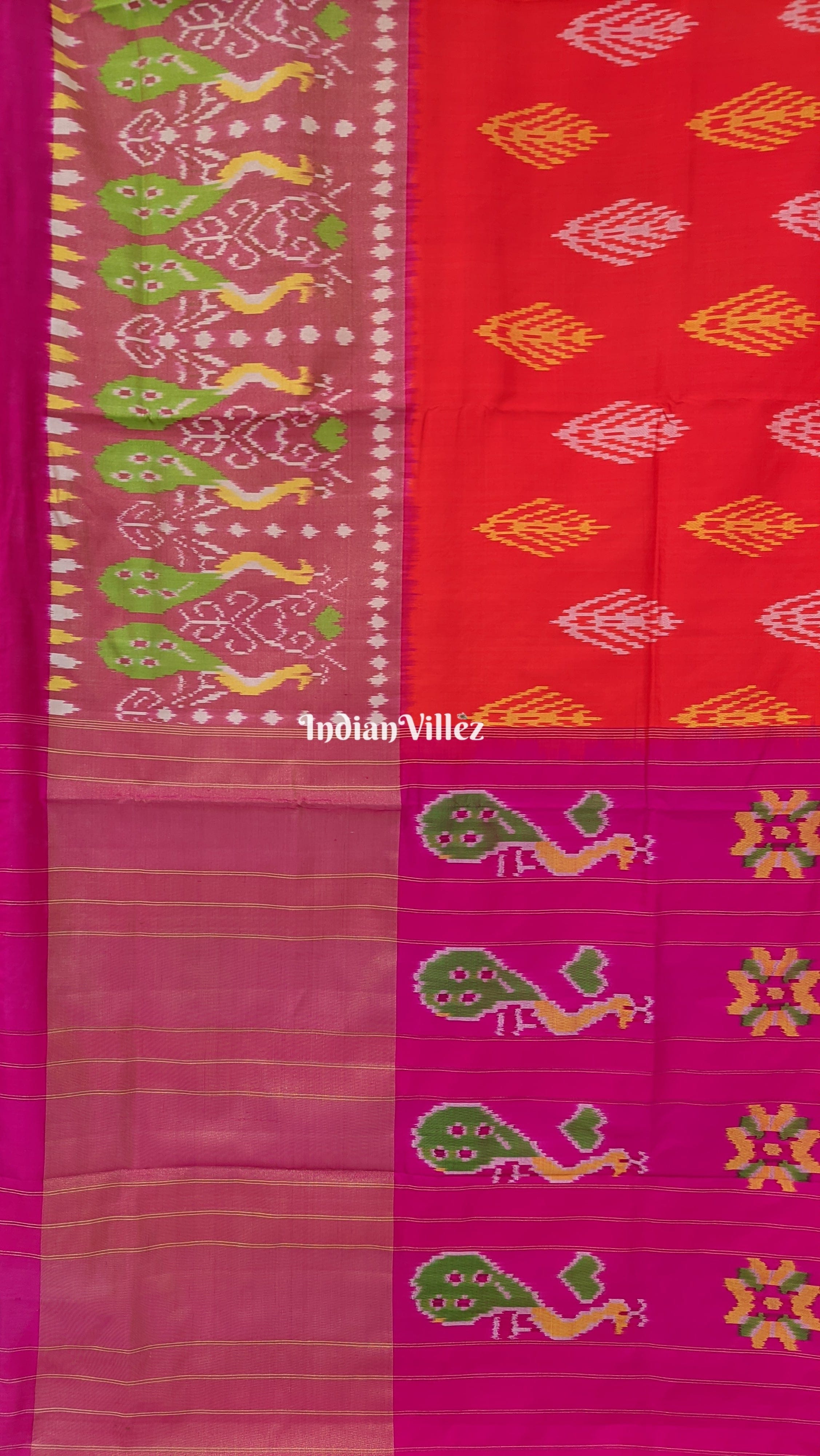 Orange with Rani Pink Pochampally Ikat Silk Saree