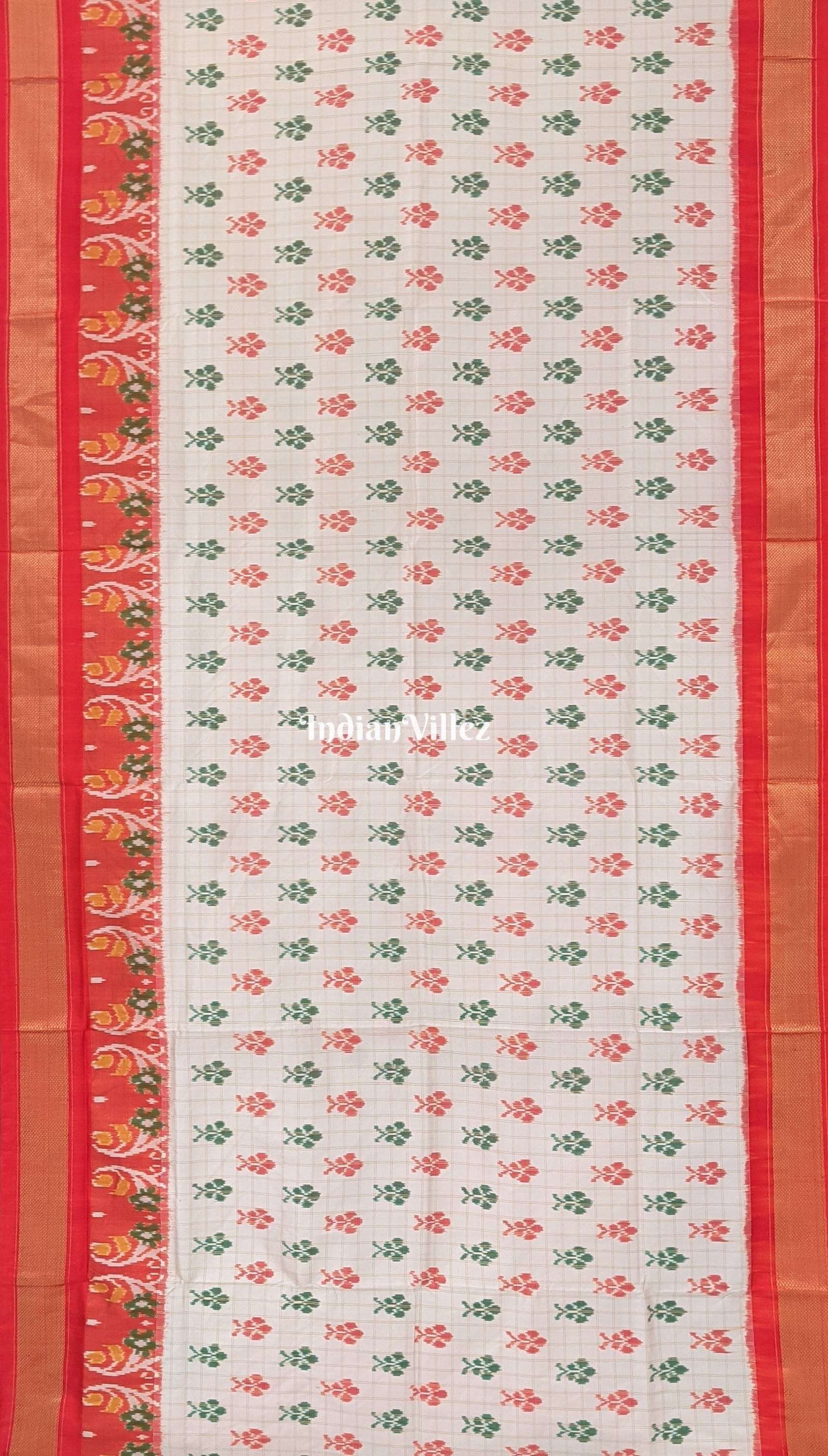 White Flower Design Pochampally Ikat Silk Saree