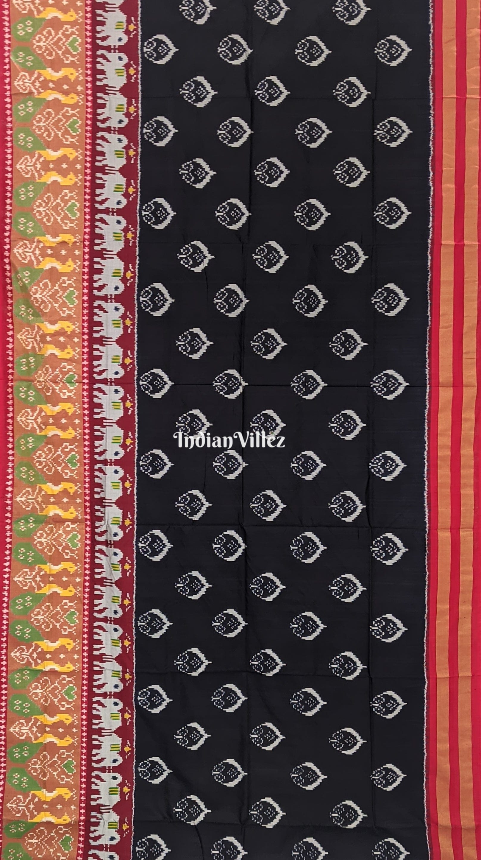 Pochampally Ikat Black Flower Body with Elephant Design Border Silk Saree
