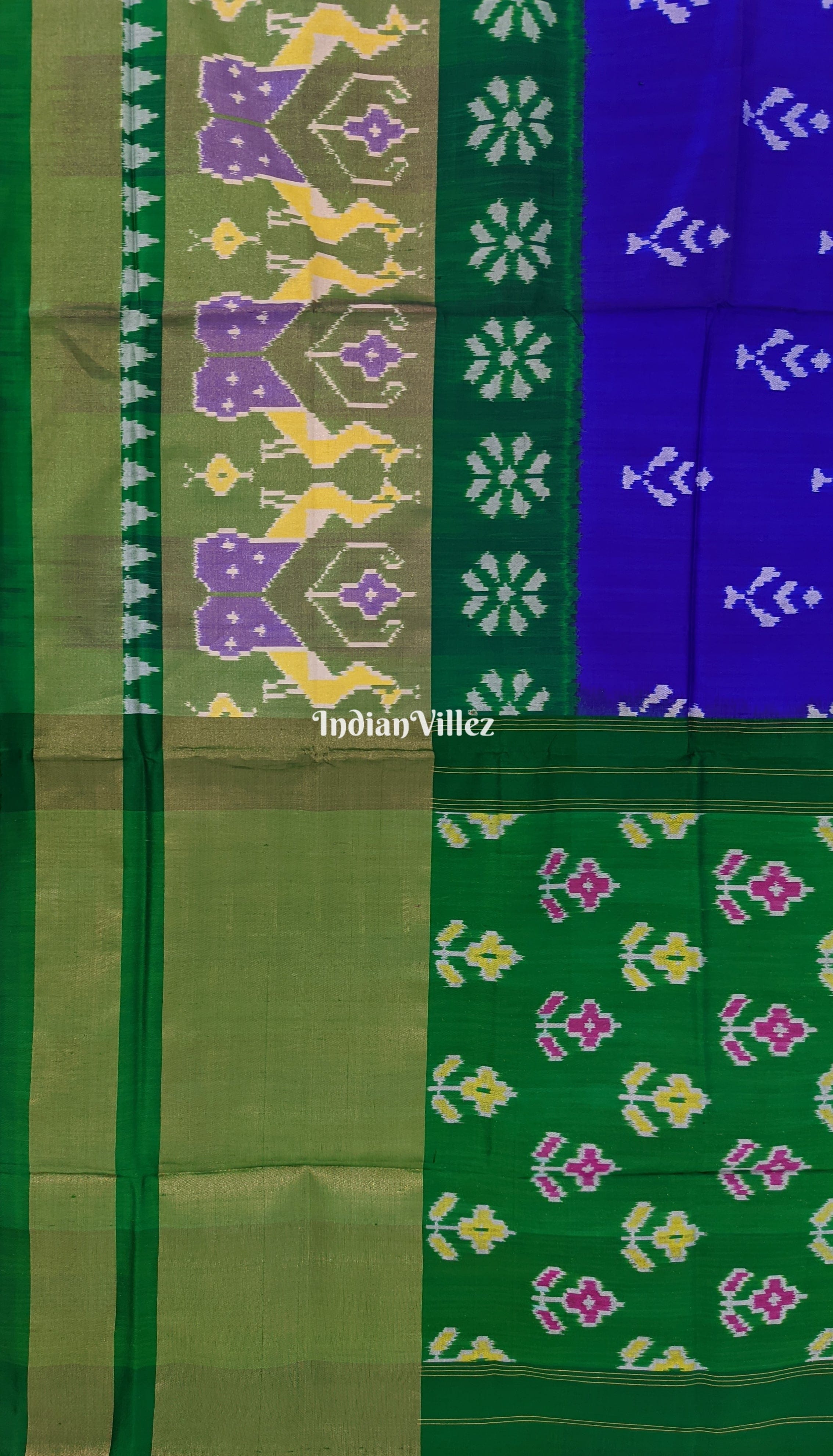 Blue Green Floral Design Pochampally Ikat Silk Saree