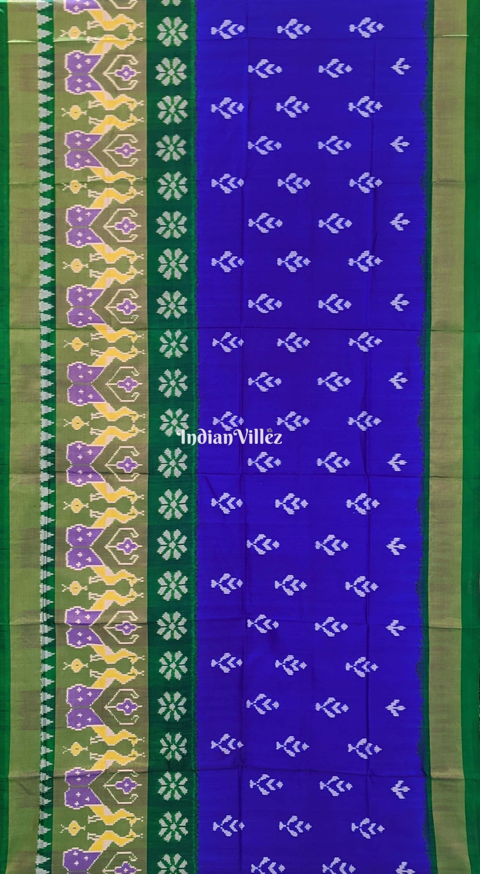 Blue Green Floral Design Pochampally Ikat Silk Saree