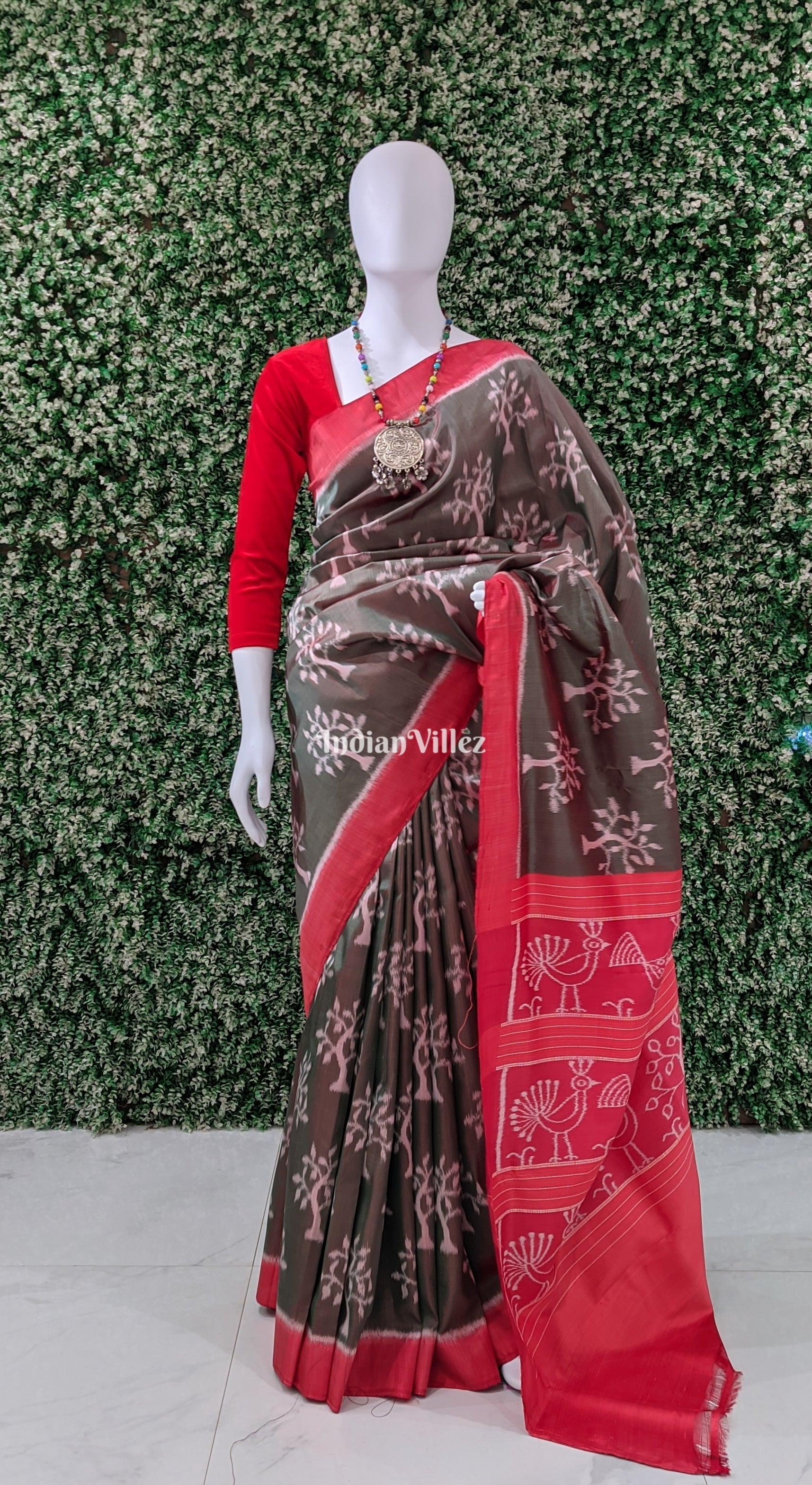 Moss Green Tree Odisha Ikat Contemporary Khandua Silk Saree