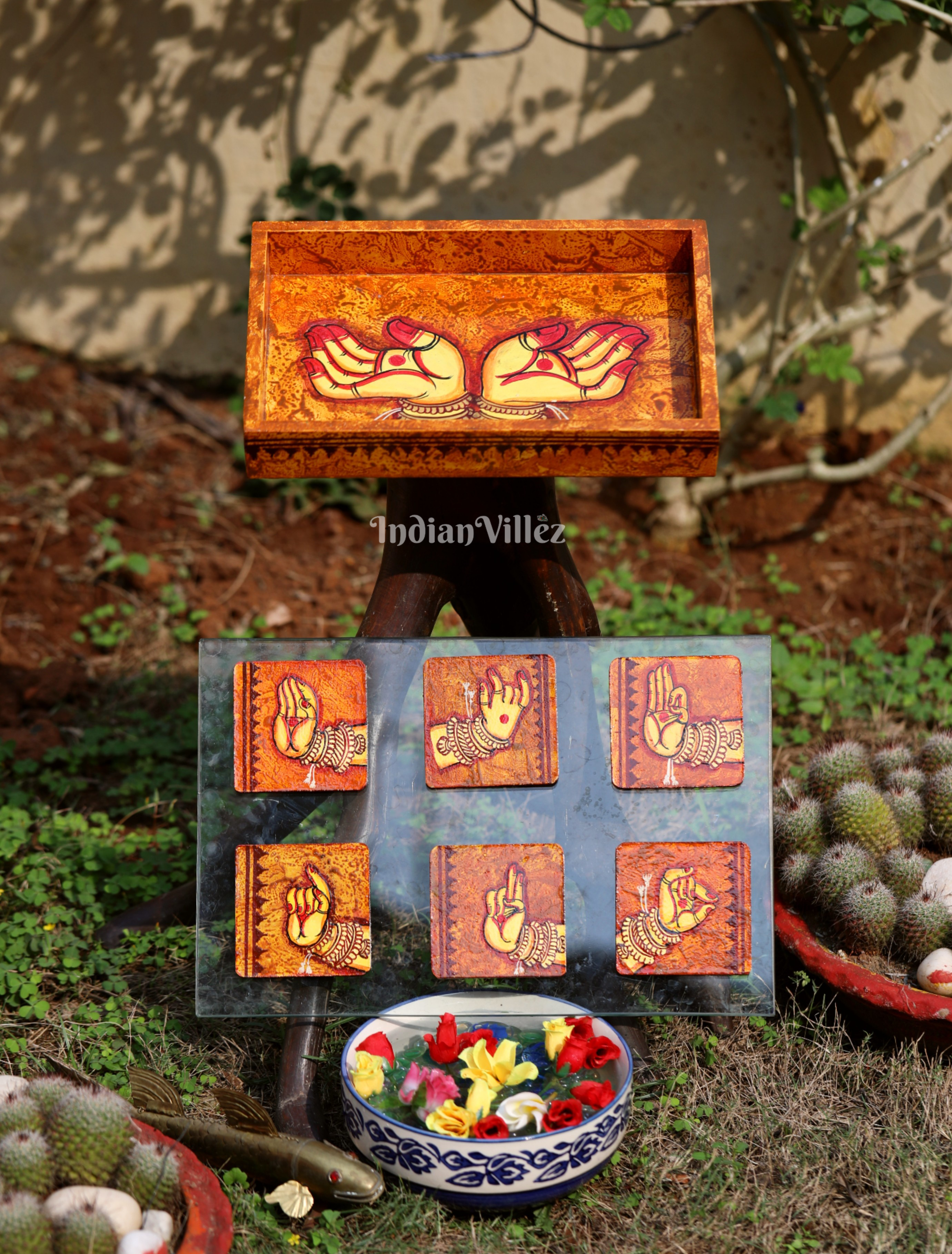 Hand-Painted Wooden Tray & Coaster Set