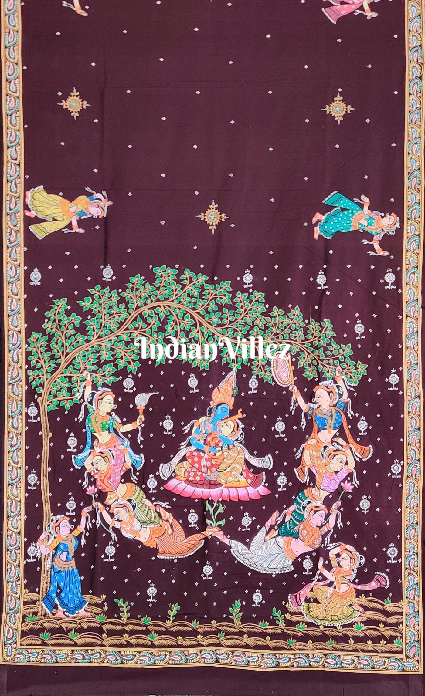 || पद्म रास || Maroon Radha Krishna Rasaleela Pattachitra Silk Saree (Pre-Order)