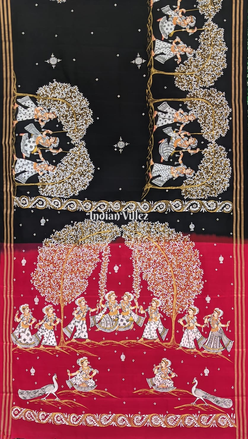 Vriksh Black Pink Hand-painted Pattachitra on Kanjivaram Silk Saree