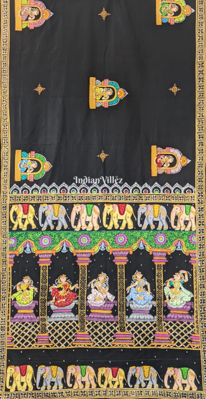 Black Elephant & Narthaki Theme Pattachitra Art on Mulberry Silk Saree