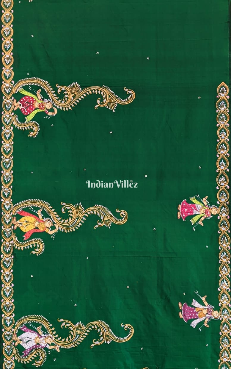 || रास || Green Krishna Rasa Lila Pattachitra Art Mulberry Silk Saree