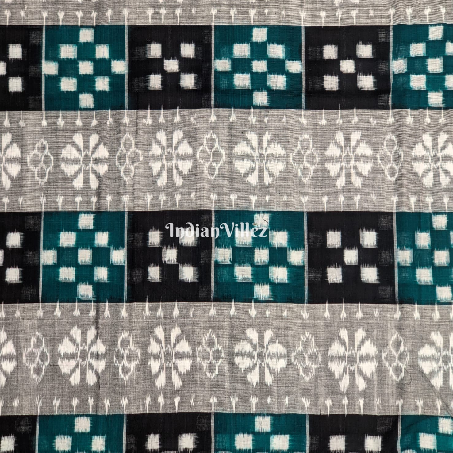 Black Sea Green Pasapali Theme Sambalpuri Ikat Cotton Fabric