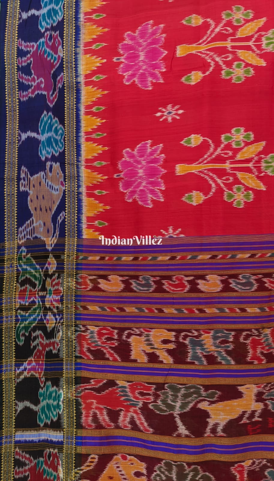Red Forest Khandua Silk Saree with Thick Animal Border & Anchal (Revival Craft)