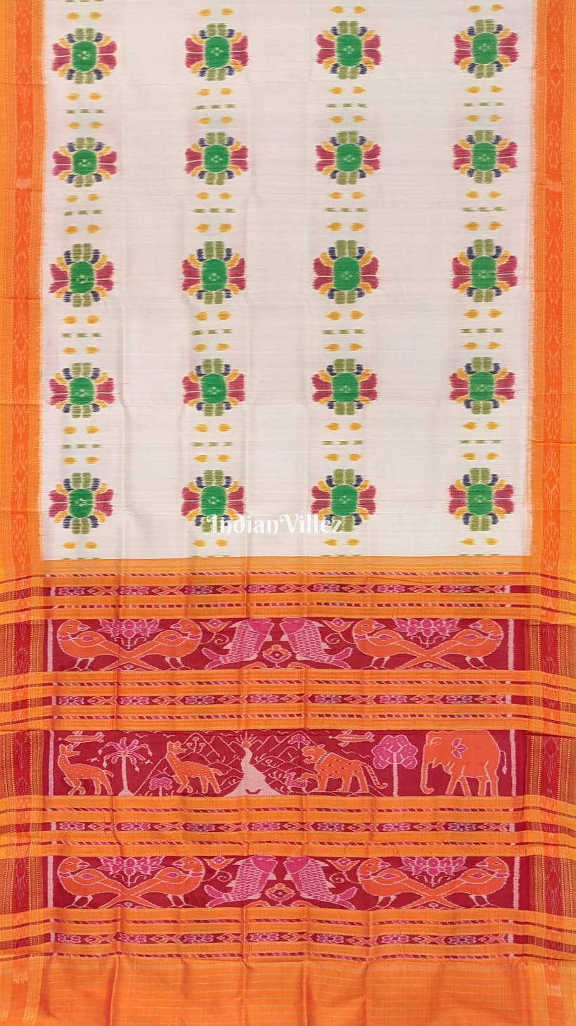 White Baghambari Odisha Ikat Khandua Silk Saree