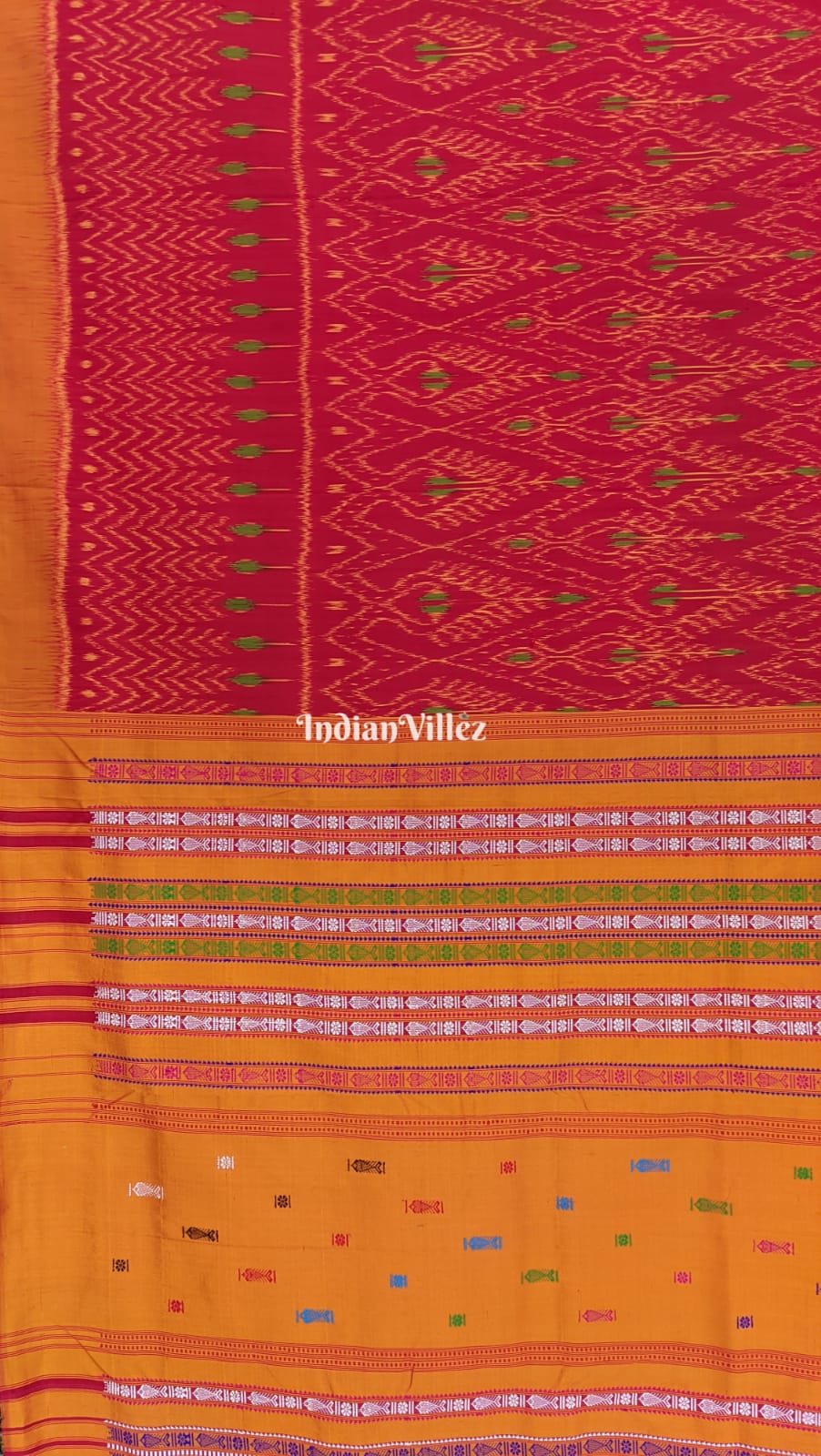 Red Cambodian ikat inspired Contemporary Silk Saree