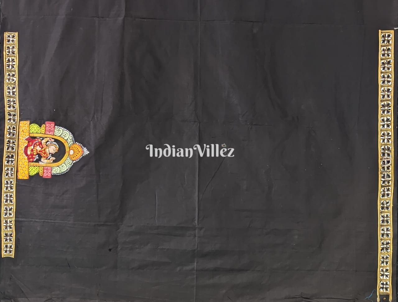 Black Elephant & Narthaki Theme Pattachitra Art on Mulberry Silk Saree