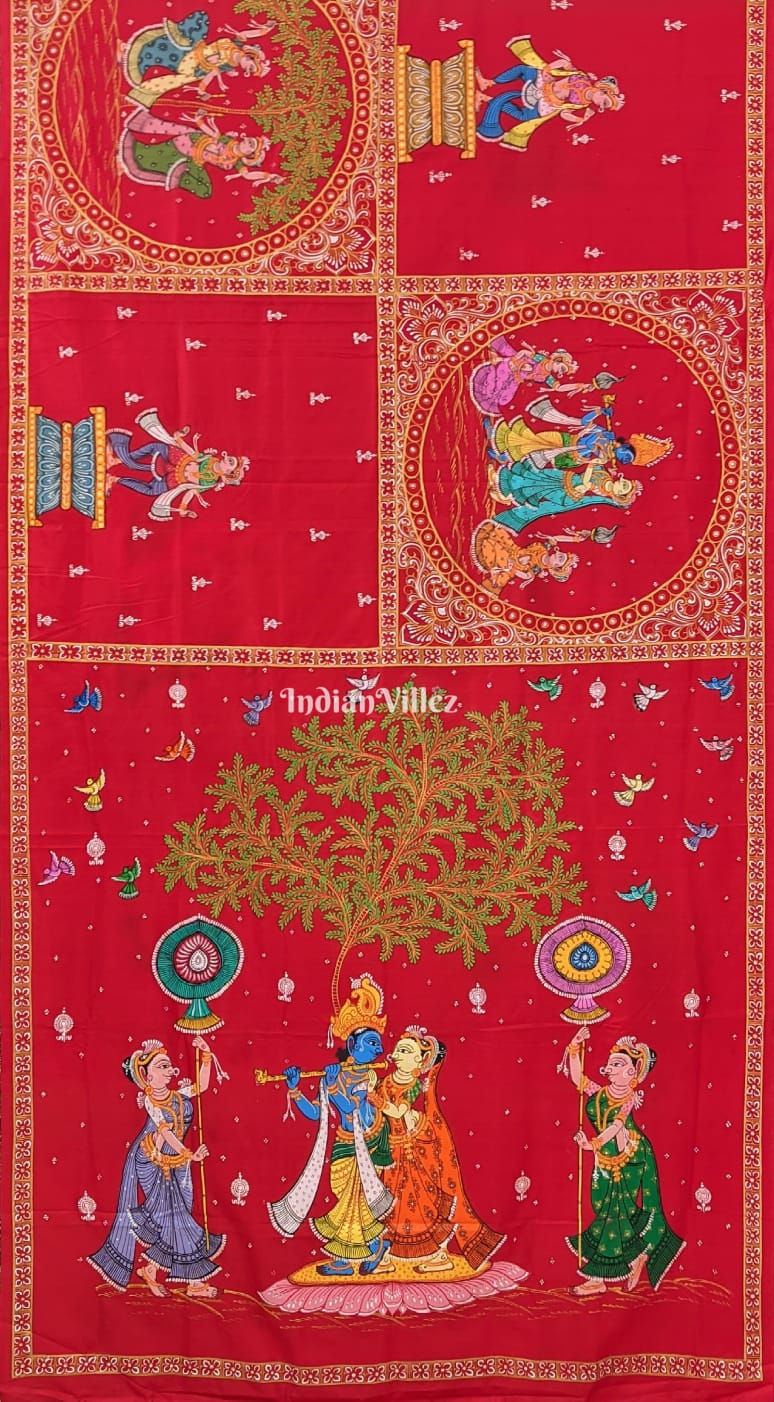 Red Krishna Leela Pattachitra Art Silk Saree(Pre Order)