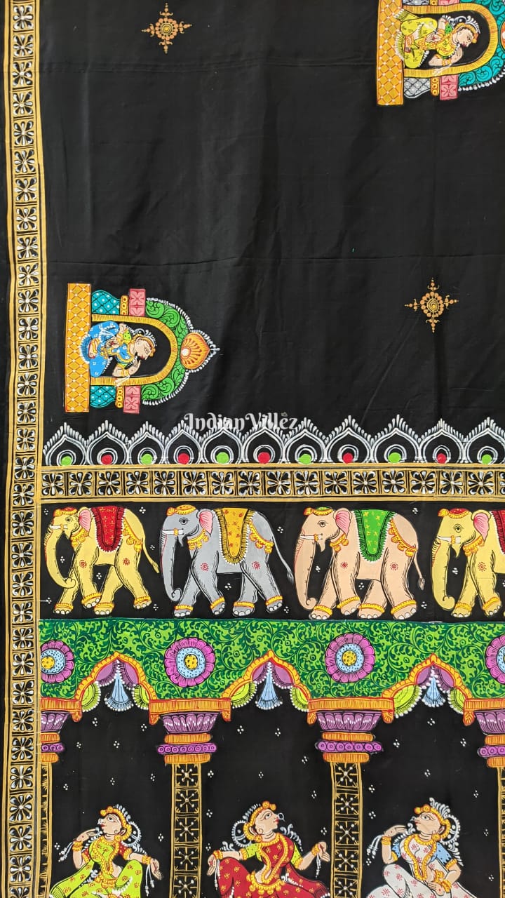 Black Elephant & Narthaki Theme Pattachitra Art on Mulberry Silk Saree
