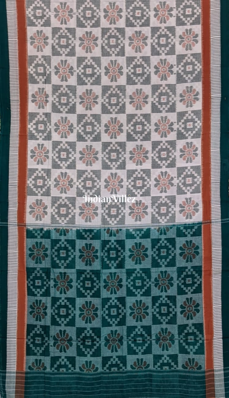White Green Floral Design Sambalpuri Ikat Cotton Saree