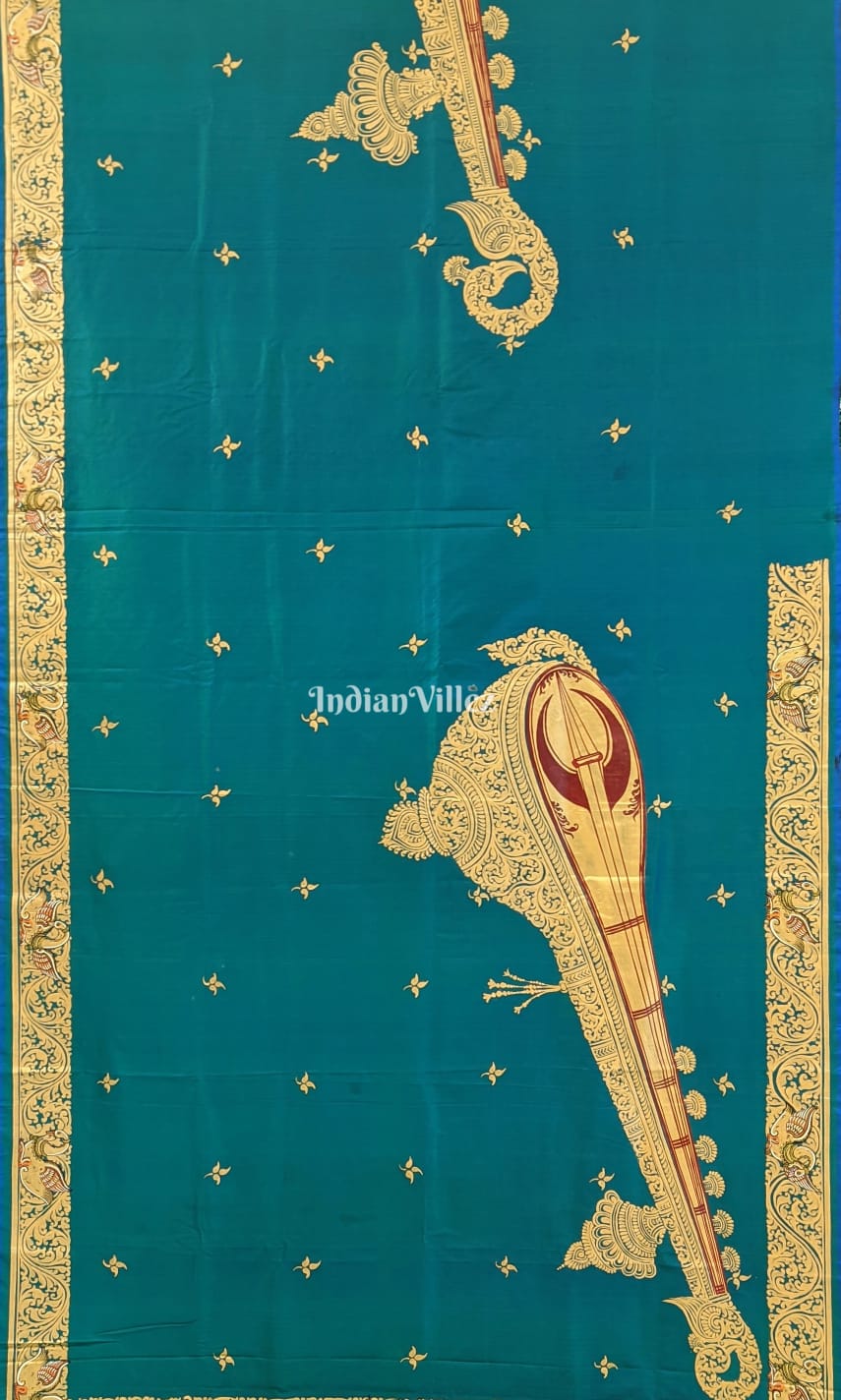 Sea Green Mata Saraswati Pattachitra Art Bishnupuri Silk Saree