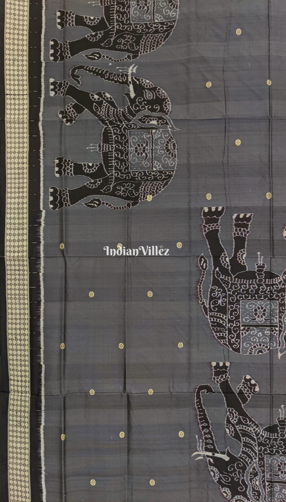 Deep Grey Elephant Design Sambalpuri Ikat Silk Saree