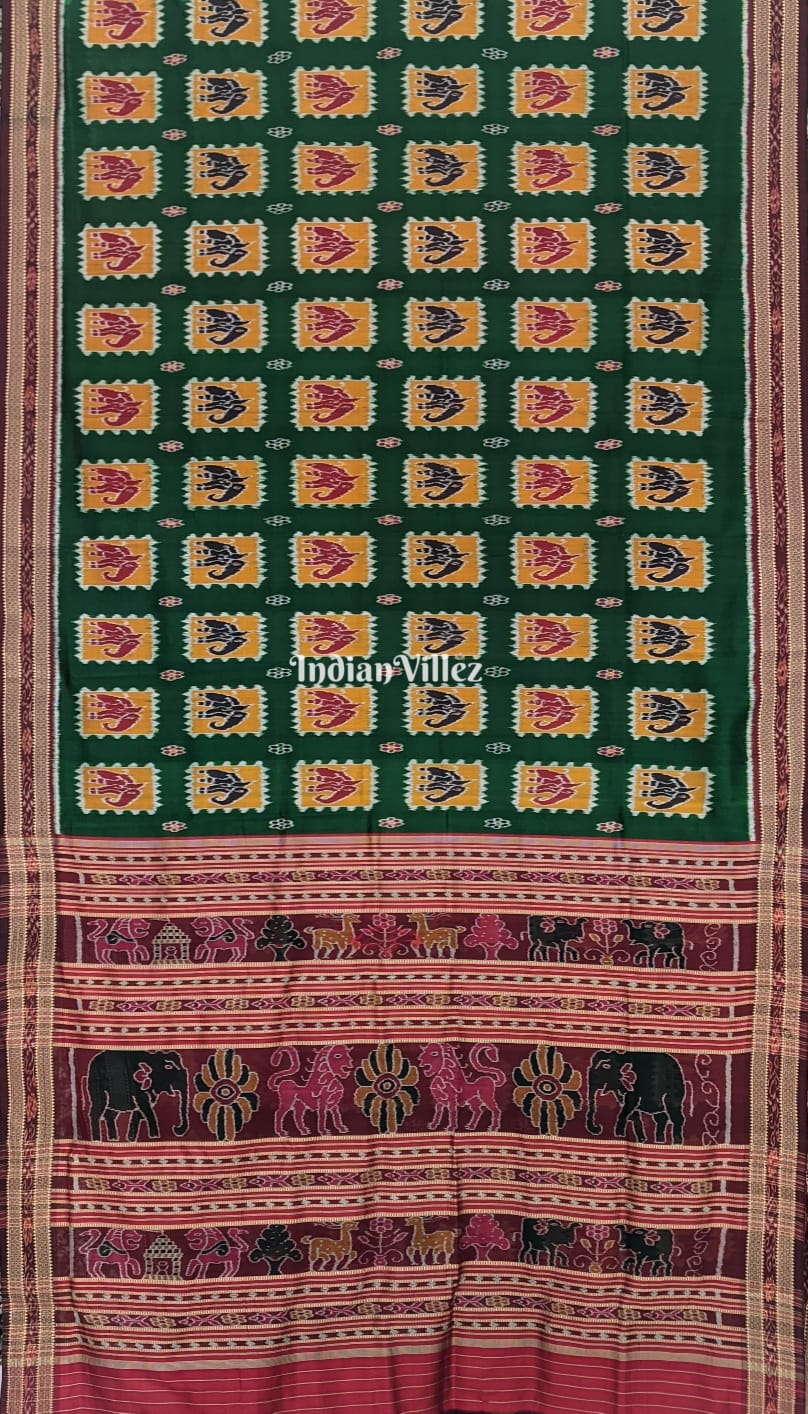 Green Box Elephant Odisha Handloom Khandua Silk Saree 